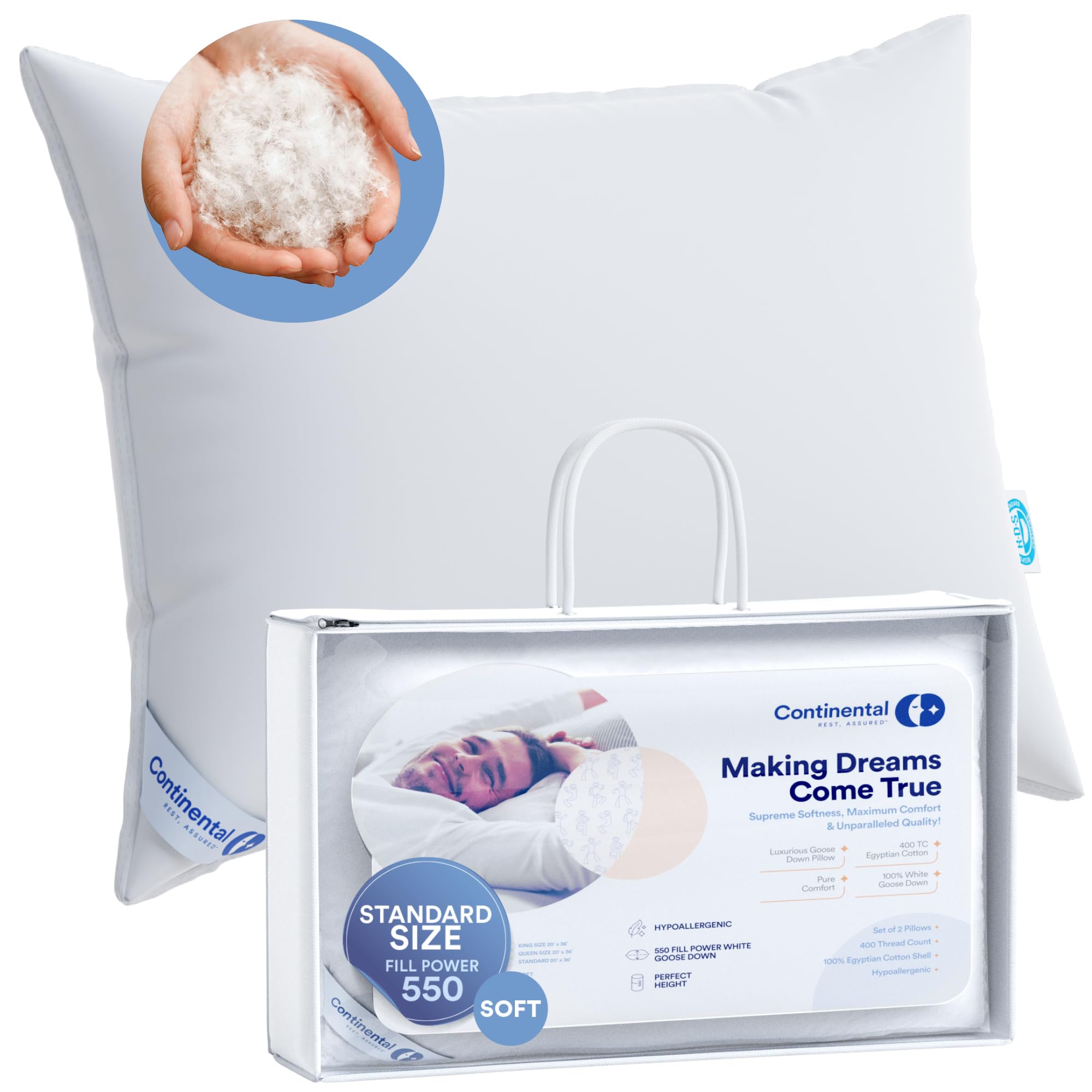 Premium 100% Luxury Down Pillows - 550 Fill Power, Ultra Soft & Supportive - Standard Size (20x26 Inches) - White - Perfect for Side Sleepers & Back Pain Relief - Hotel Quality Bedding for Ultimate Comfort
