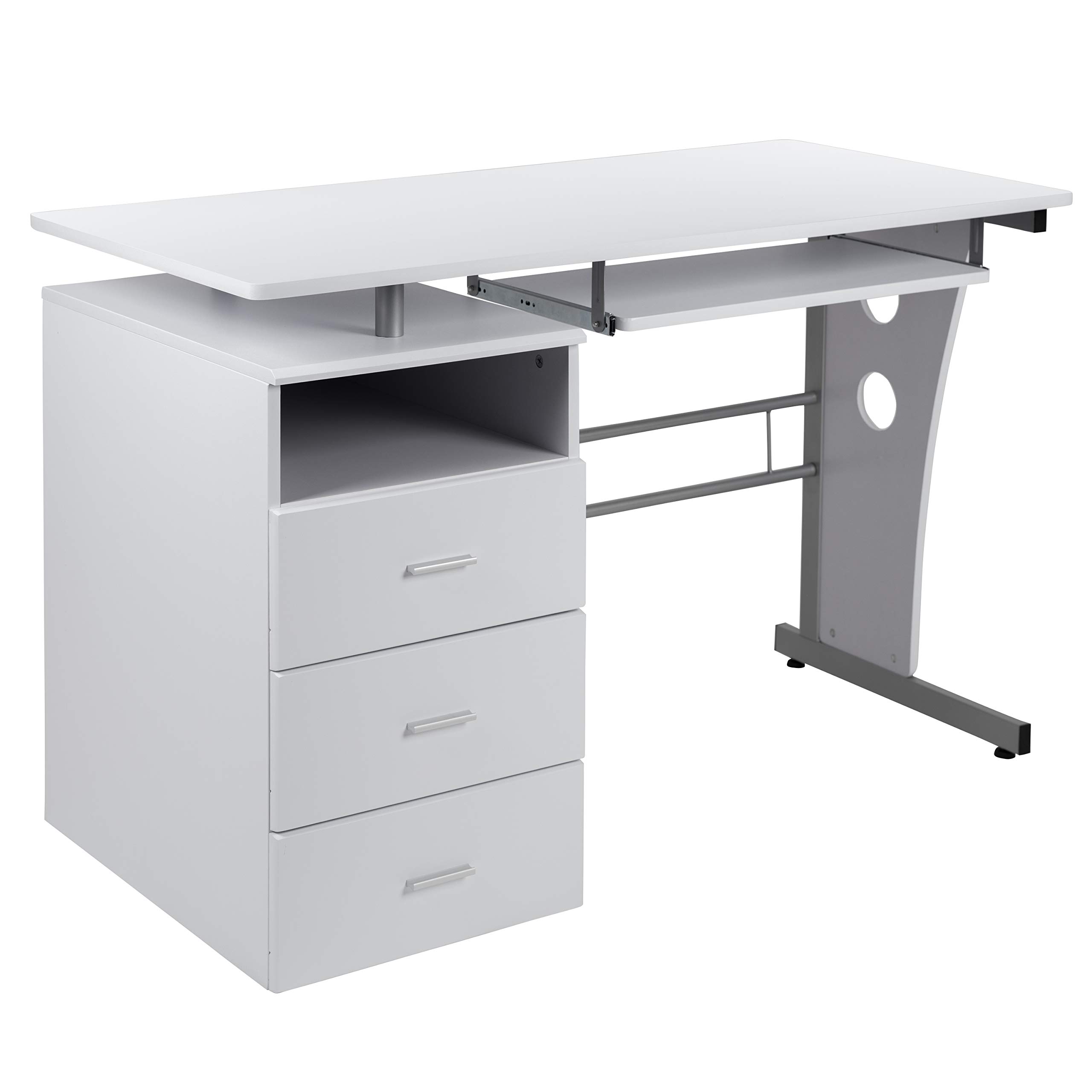 Emma & Oliver White 3-Drawer Single Pedestal Computer Desk with Pull-Out Keyboard Tray - Home Office Workstation for Small Spaces, Writing & Study Desk
