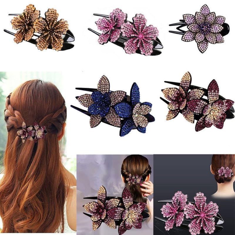 Elegant Rhinestone Hair Clip for Women - Double Flower Crystal Hairpin for Long Thick Hair | Party & Wedding Accessories