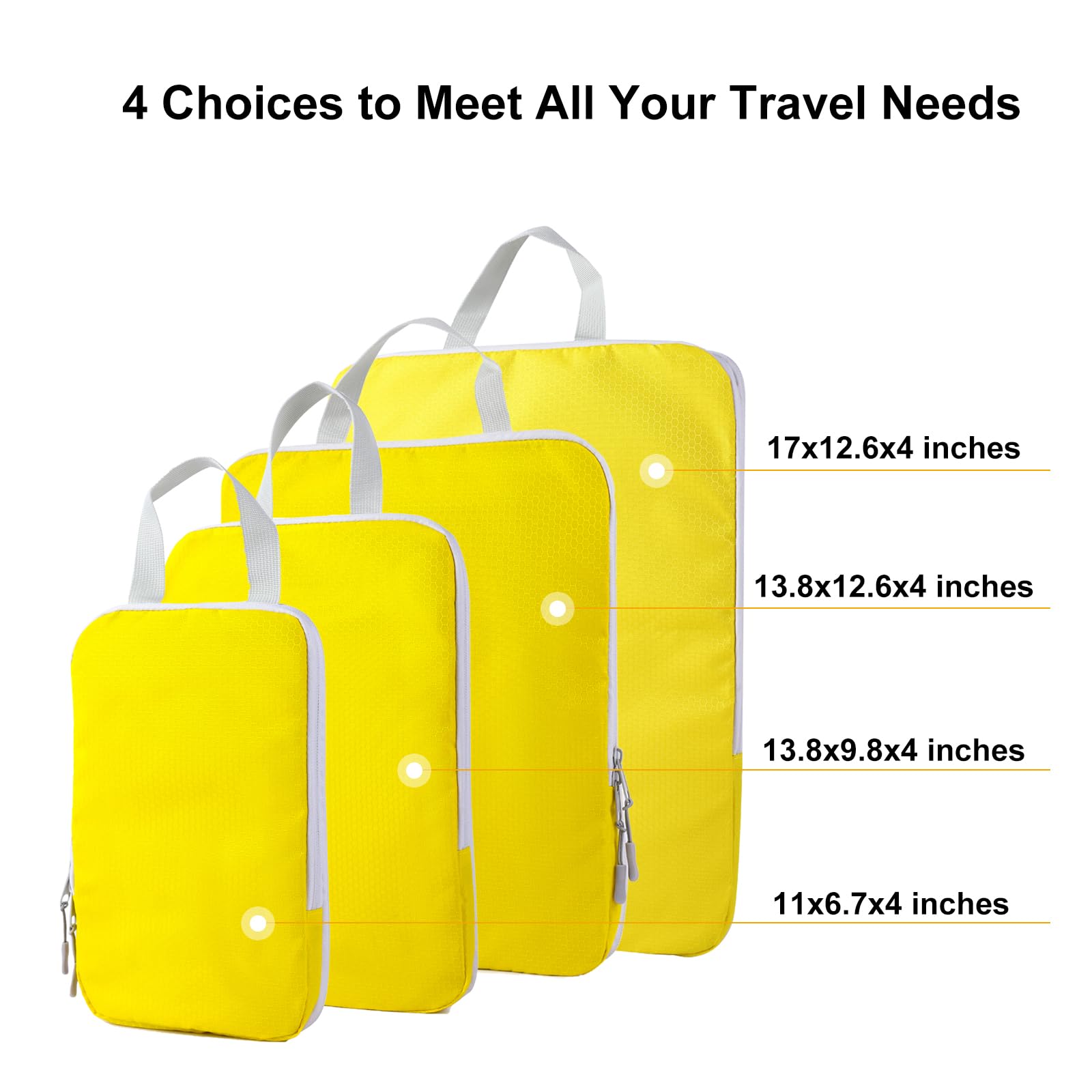 COVAX 4-Piece Compression Packing Cubes Set - Travel Luggage Organizers & Storage Bags for Suitcases (Yellow) | Perfect for Business Trips, Vacations & Closet Organization