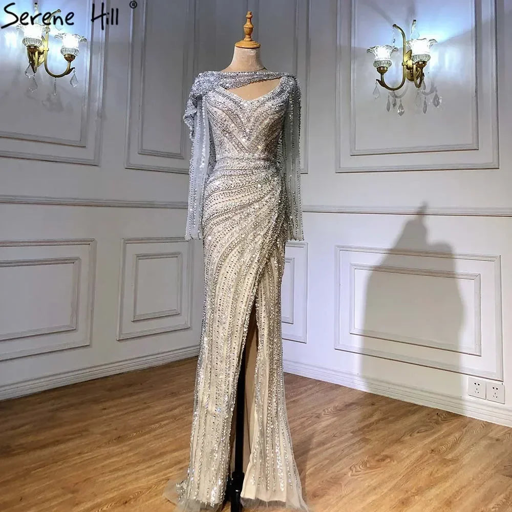 Elegant Silver Mermaid Evening Dress with High Slit & Beaded Details - Luxury Women's Party Gown for Prom, Wedding & Formal Events - Serene Hill Collection LA70752L