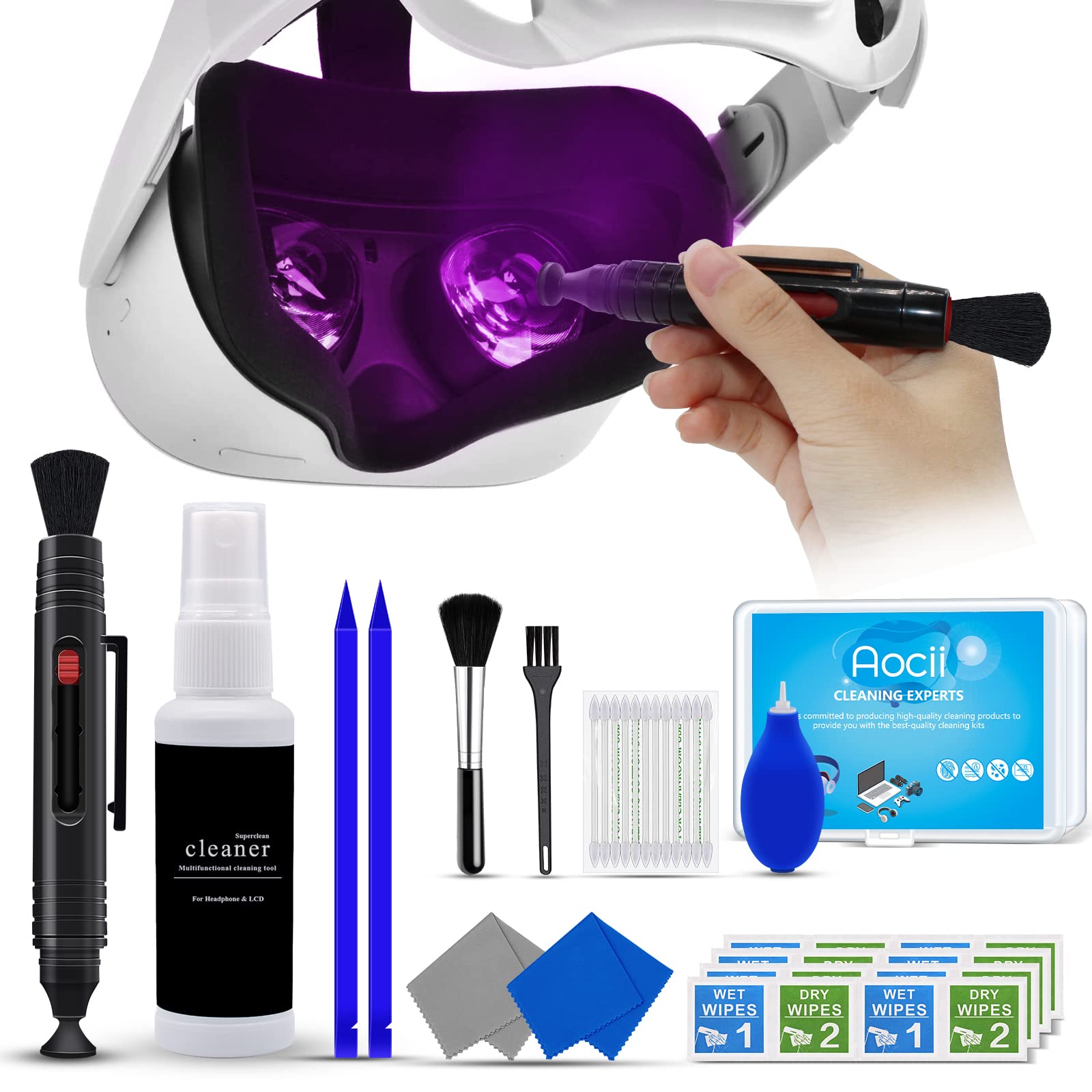 Premium VR Headset Cleaning Kit for Meta Oculus Quest 2/3, Xbox, PS5, Wii - Lens Cleaner Pen & Microfiber Cloth for Facial Interface, Face Cover Pad & Game Controllers - Essential AR/VR Accessories for Gaming & Virtual Reality Enthusiasts
