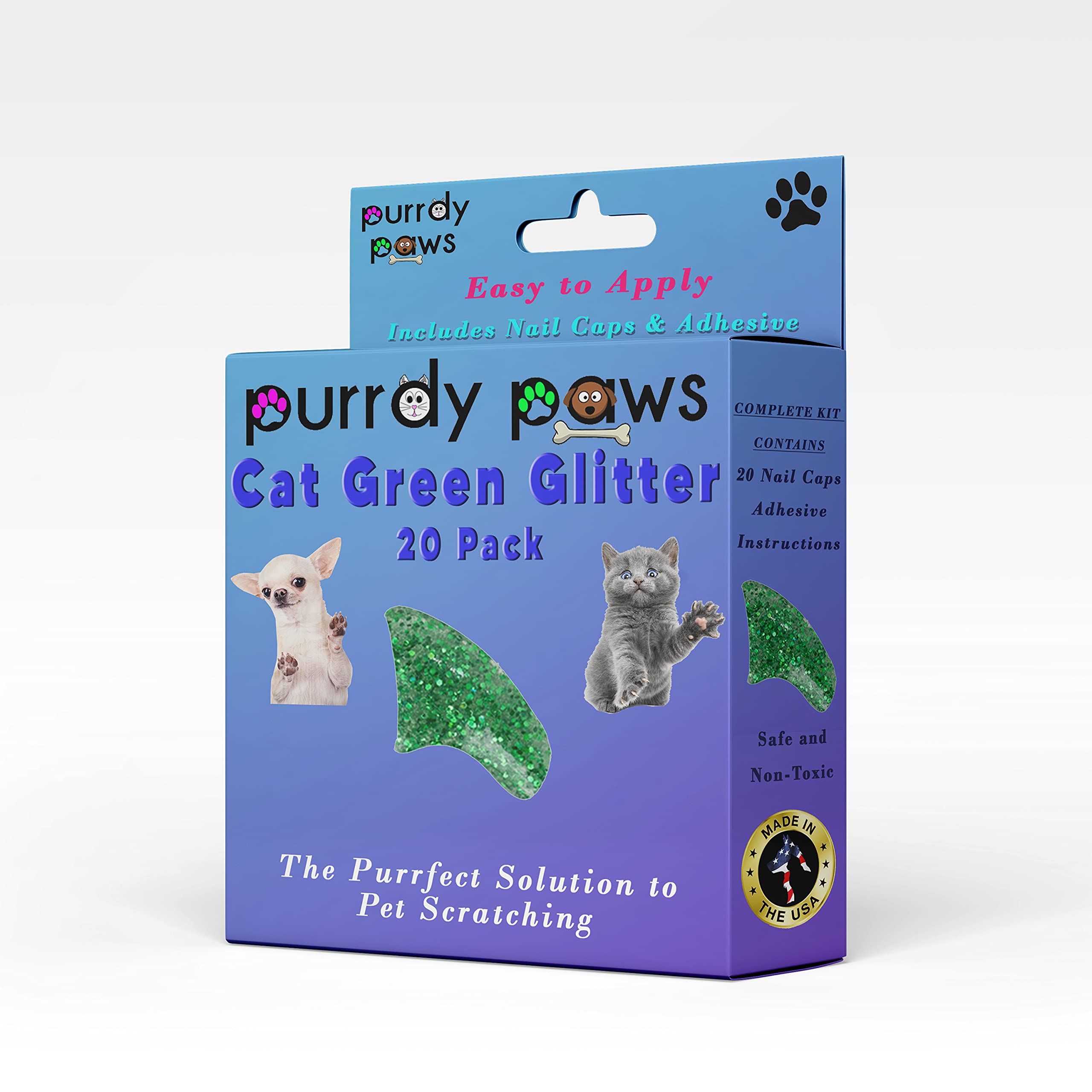 Soft Nail Caps for Cats - Green Glitter Claw Covers for Kittens | Safe & Comfortable Cat Nail Protectors for Furniture & Skin Protection