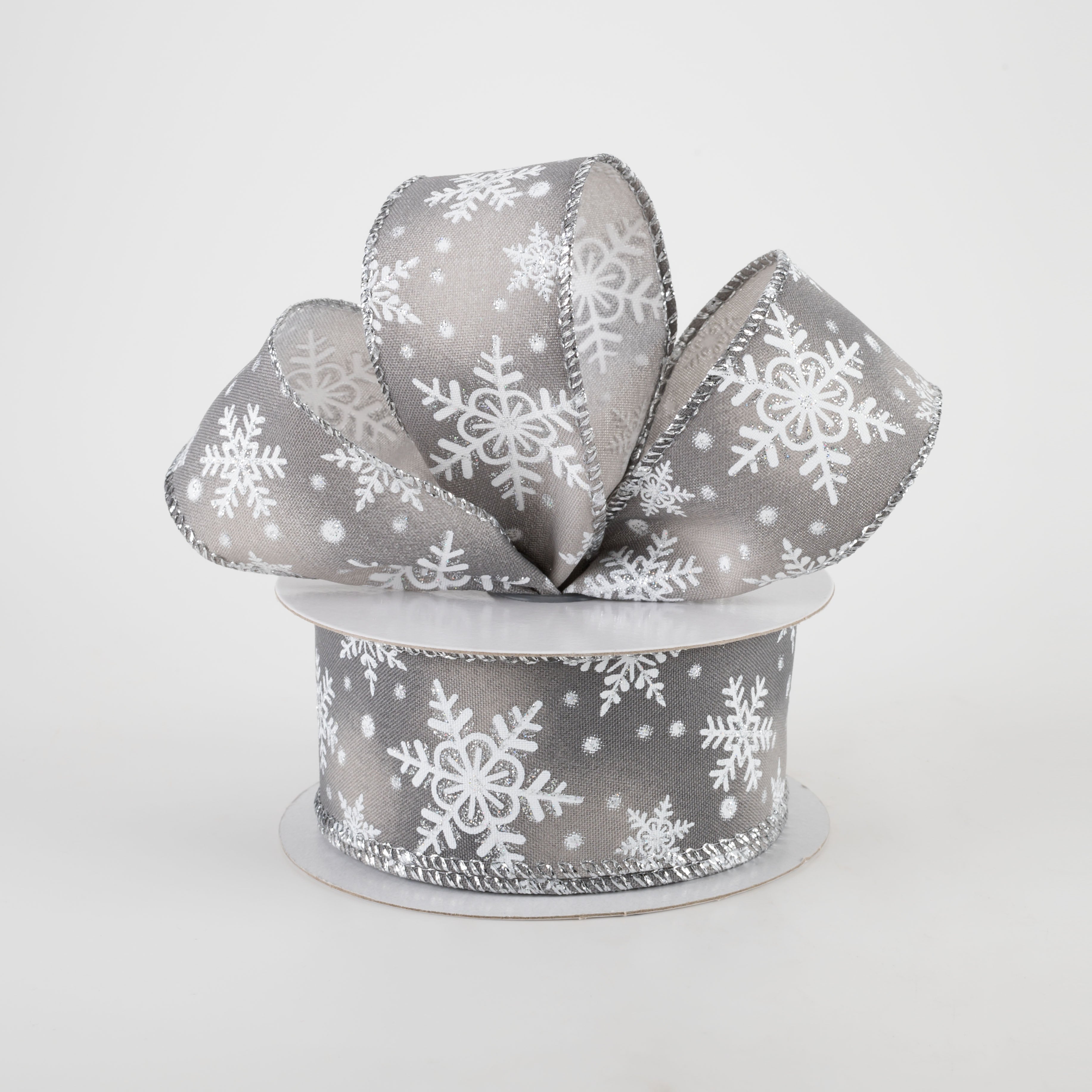 1.5 Inch Iridescent Snowflake Ribbon - Grey (10 Yards) | Christmas Gift Wrapping, Holiday Decorations, DIY Crafts, Scrapbooking Supplies