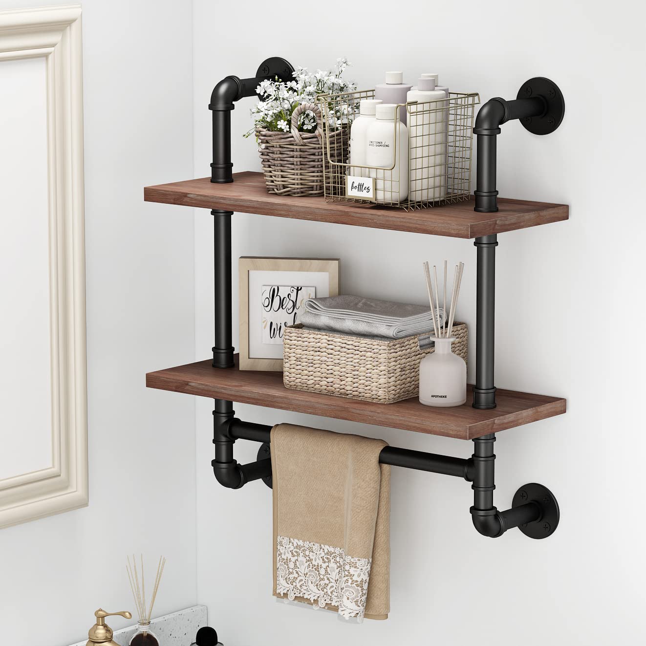 Rustic Wood Bathroom Shelves with Towel Bar - 24