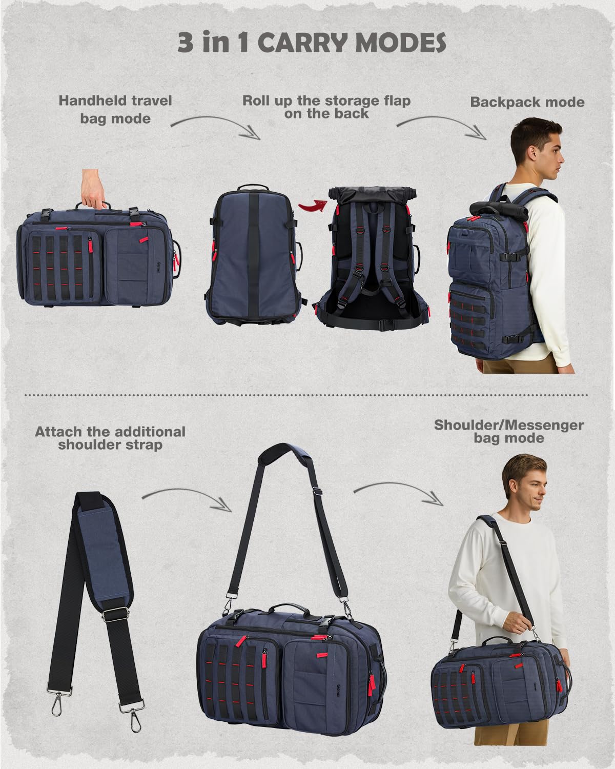 Gonex 3-in-1 Convertible Travel Backpack - Large Carry-On Nylon Duffle Bag for Men & Women - Waterproof Laptop Backpack for Work, Gym & Weekend Travel - Durable Multi-Purpose Bag (Blue)
