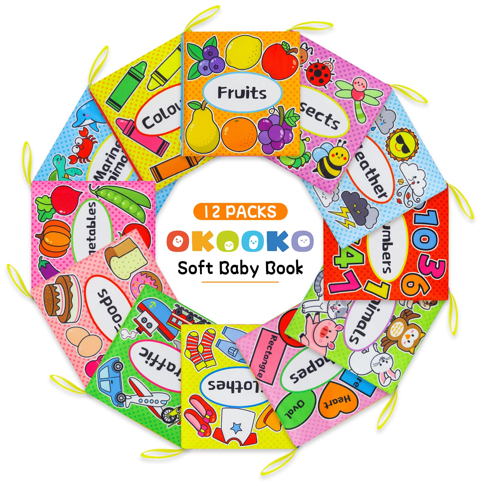 OKOOKO 12PCS Soft Baby Cloth Books - Washable Crinkle Bath Books for Newborns, Infants & Toddlers | Non-Toxic Early Learning Educational Toys for Preschool Kids | Perfect for Bathtime, Bedtime & Travel