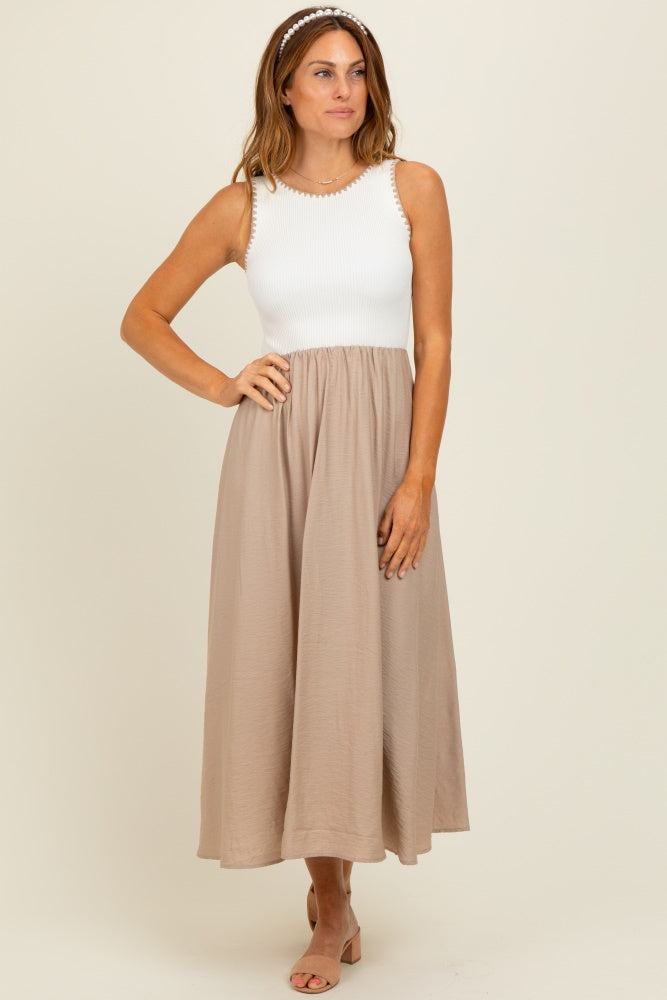 Beige Contrast Knit Sleeveless Midi Dress for Women - Summer Casual Chic Outfit, Perfect for Beach Vacation & Date Night