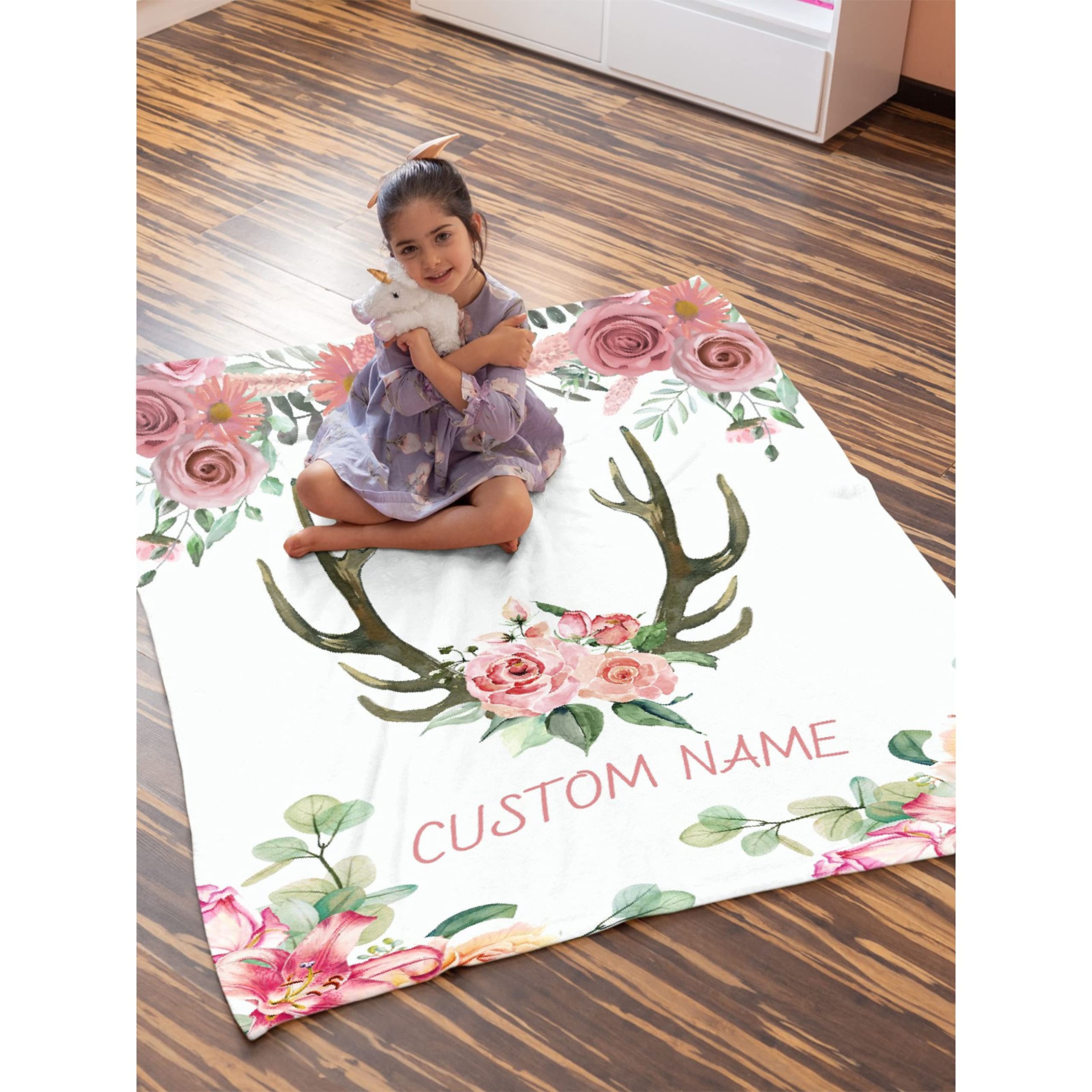 Personalized Baby Blanket with Name - Deer Horns & Floral Pink Design - Custom Fleece Blanket for Girls, Boys, Kids - Perfect Baby Shower, Birthday Gift for Daughter, Granddaughter, Niece - 120