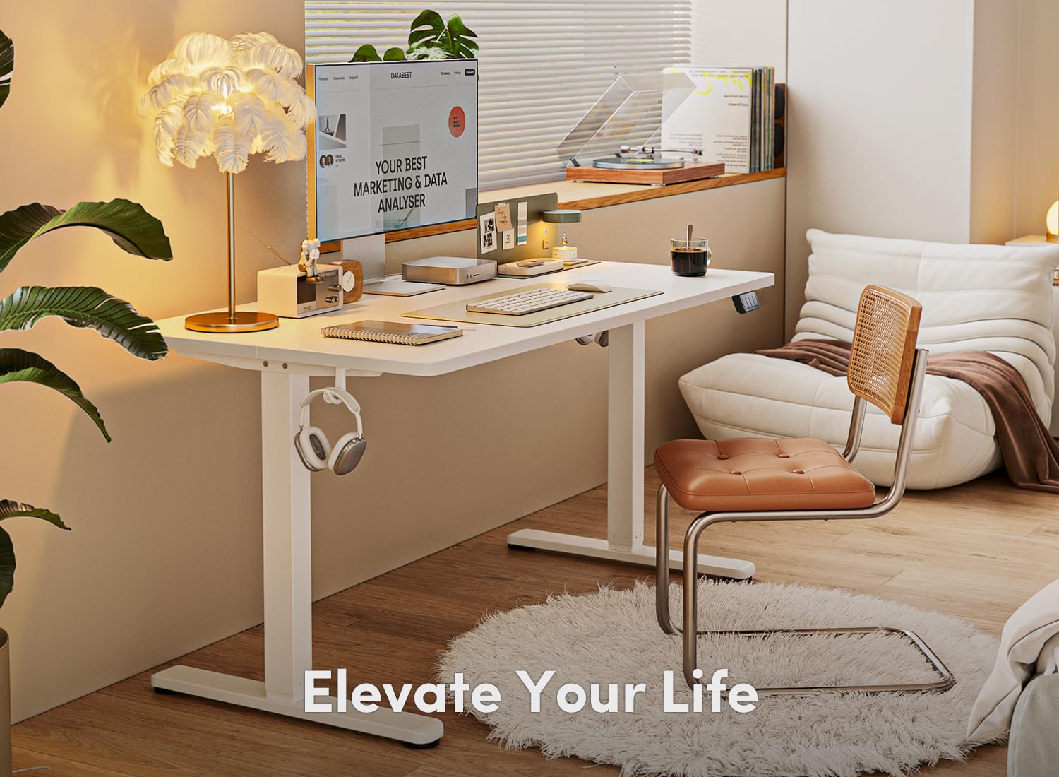 FEZIBO Electric Standing Desk 40 x 24 Inches - Height Adjustable Sit Stand Desk for Home Office with White Frame & White Top | Ergonomic Workstation for Remote Work & Study