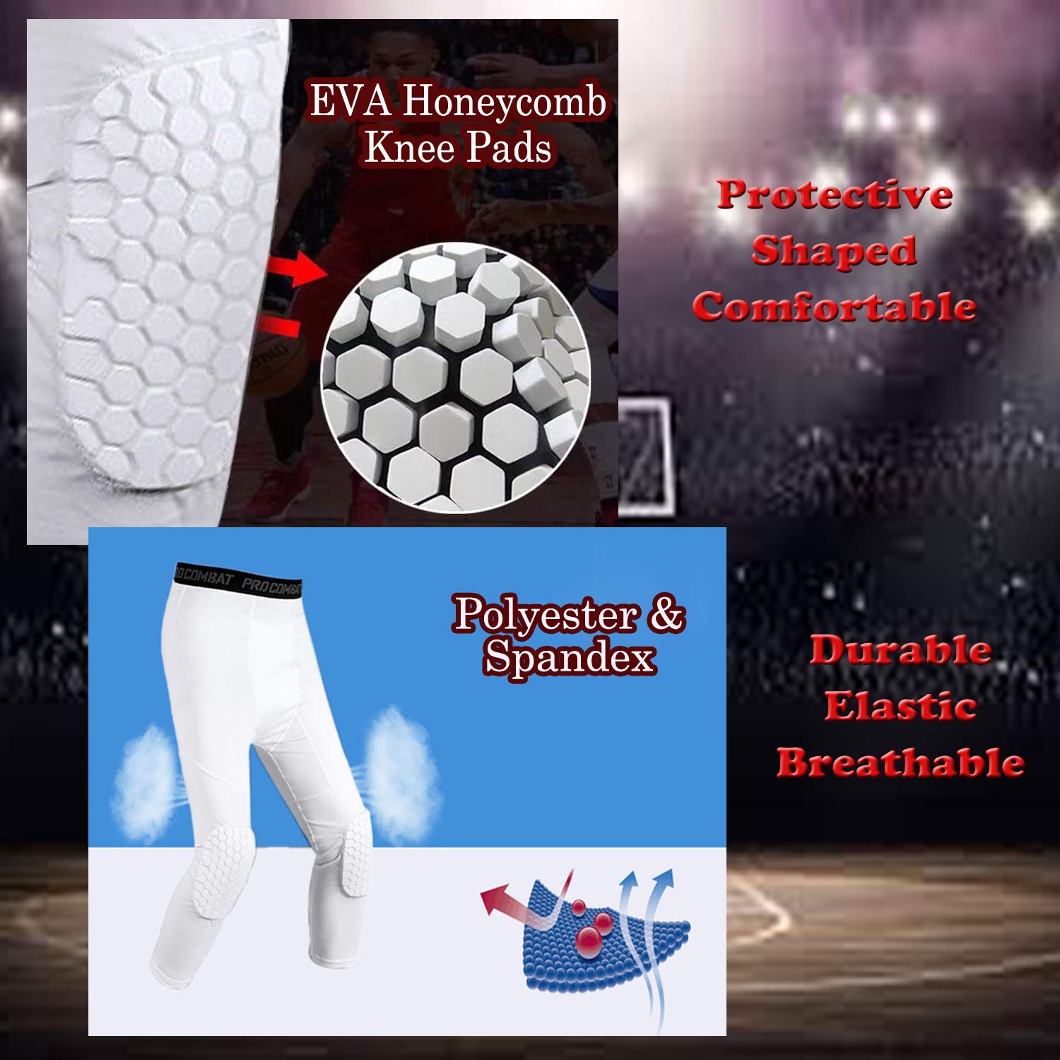 Basketball Compression Pants with Protective Pads - White 3/4 Length Capri Pants for Men & Women - Breathable Padded Leggings for Basketball Training & Games