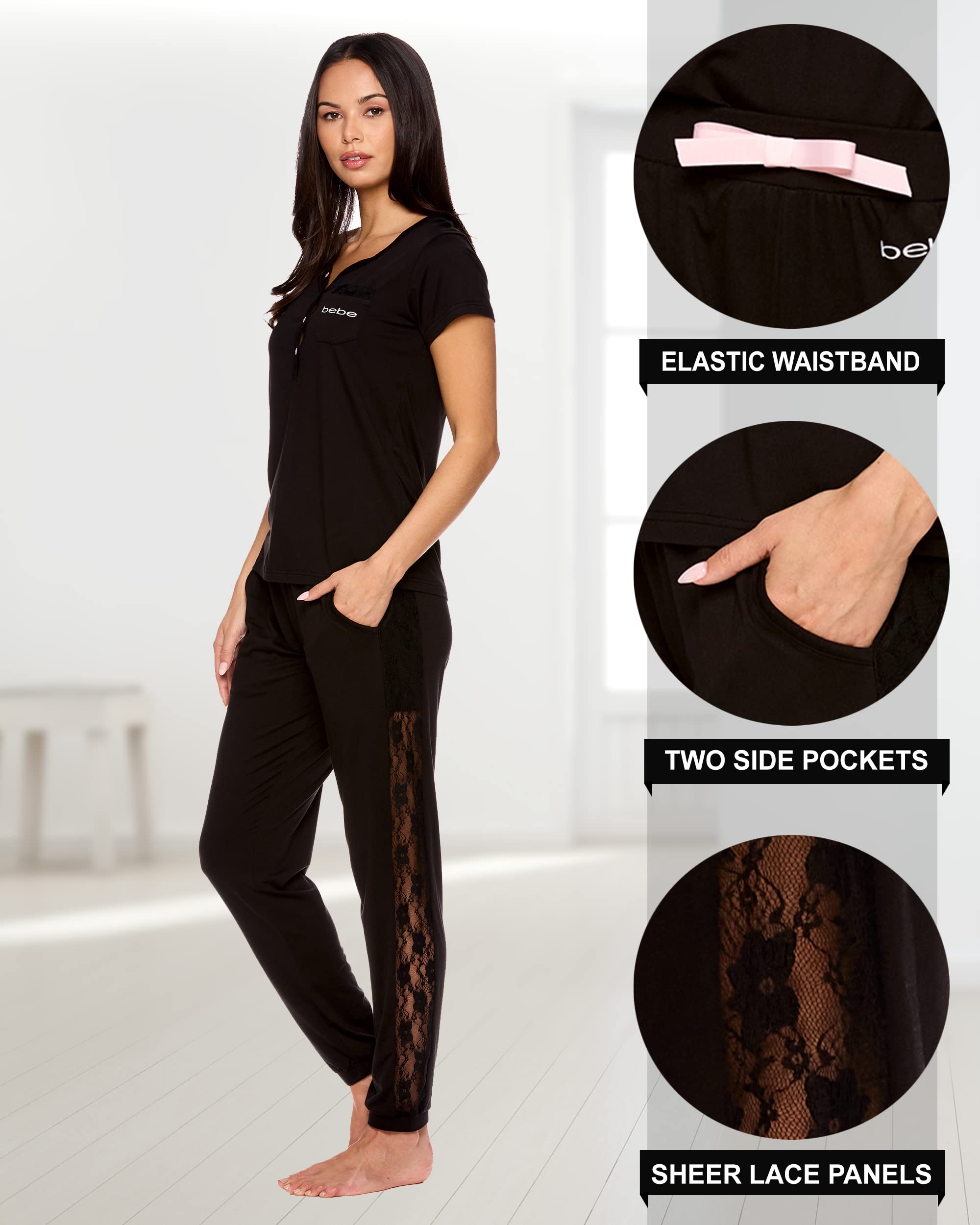 bebe Women's Pajama Set - Soft Short Sleeve Shirt & Lace Trim Jogger Pants | Cozy Lounge Wear for Sleep, Relaxation & Home Comfort