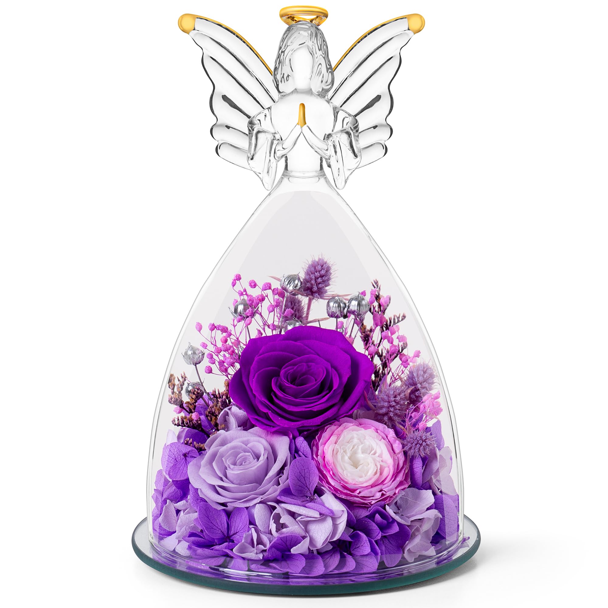 Angel Roses Preserved Real Flowers in Glass Figurine - Unique Mother's Day, Birthday Gift for Mom, Grandma, Wife & Mother-in-Law | Home Decor, Wedding Centerpiece, Romantic Keepsake