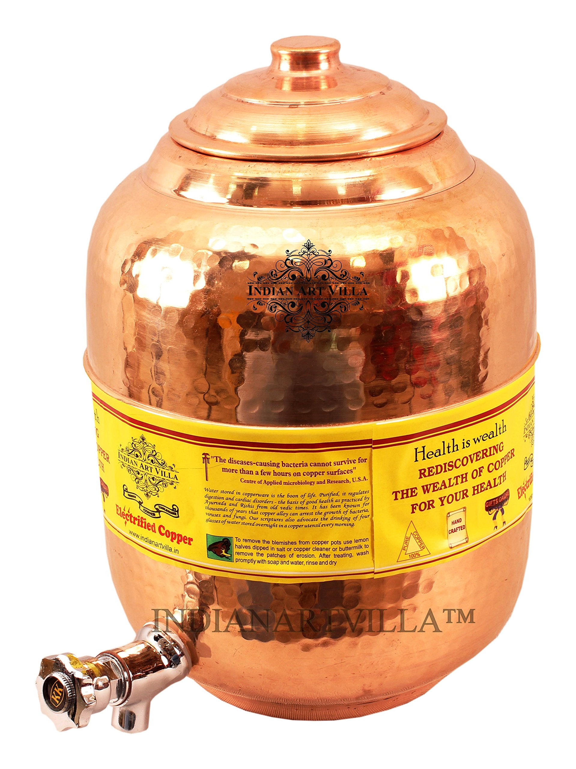 Handmade Pure Copper Water Dispenser 236oz & Storage Vessel Set with 10oz Copper Glass Cup | Indian Art Villa | Ayurvedic Water Benefits | Perfect for Home, Office & Yoga Practice