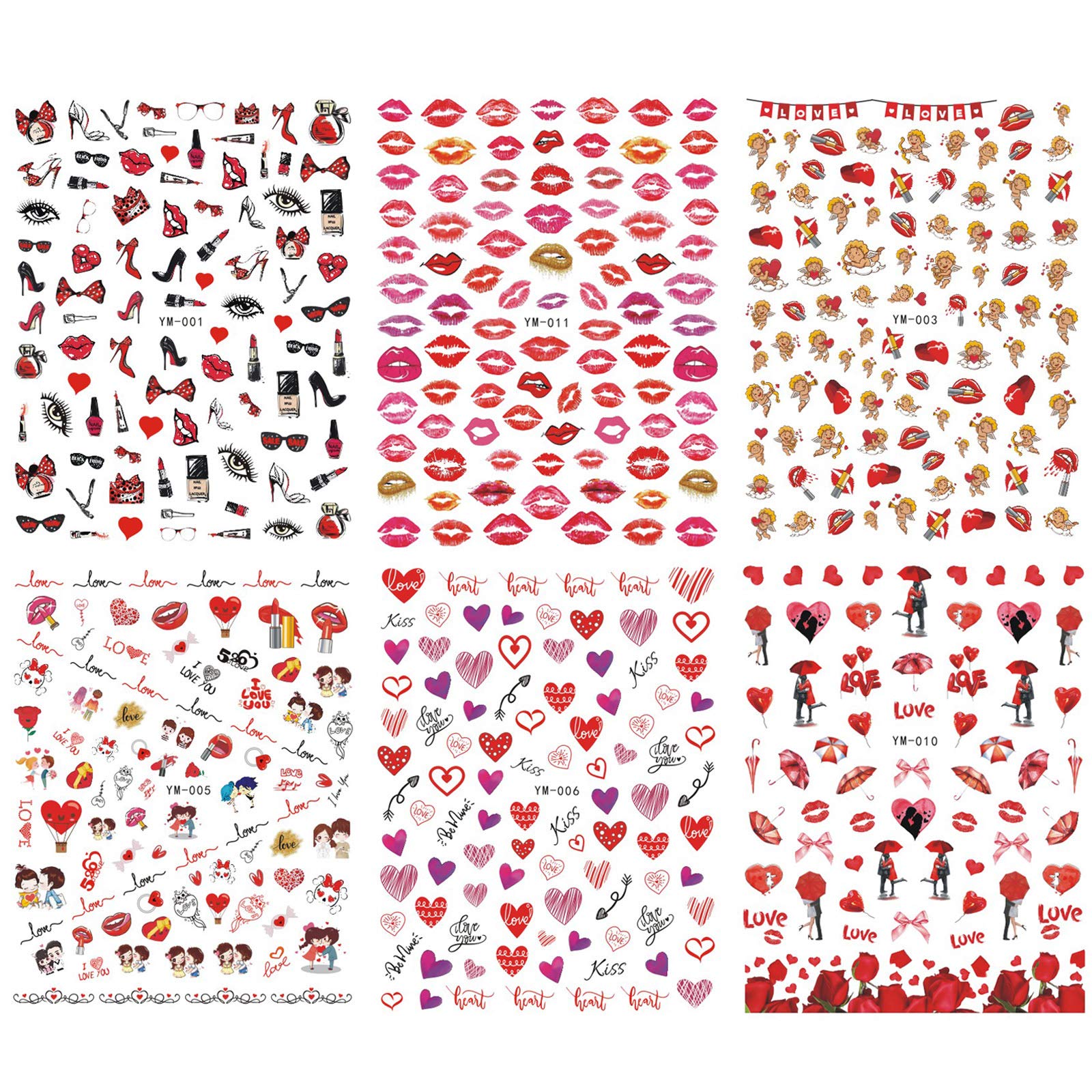 3D Heart Nail Stickers for Valentine's Day - Self-Adhesive Nail Art Decals with Love Kiss, Angel & Baby Designs for Women, Girls & Kids (12 Sheets) - Perfect for Valentine's Gifts, Date Nights & Nail Salon Decorations