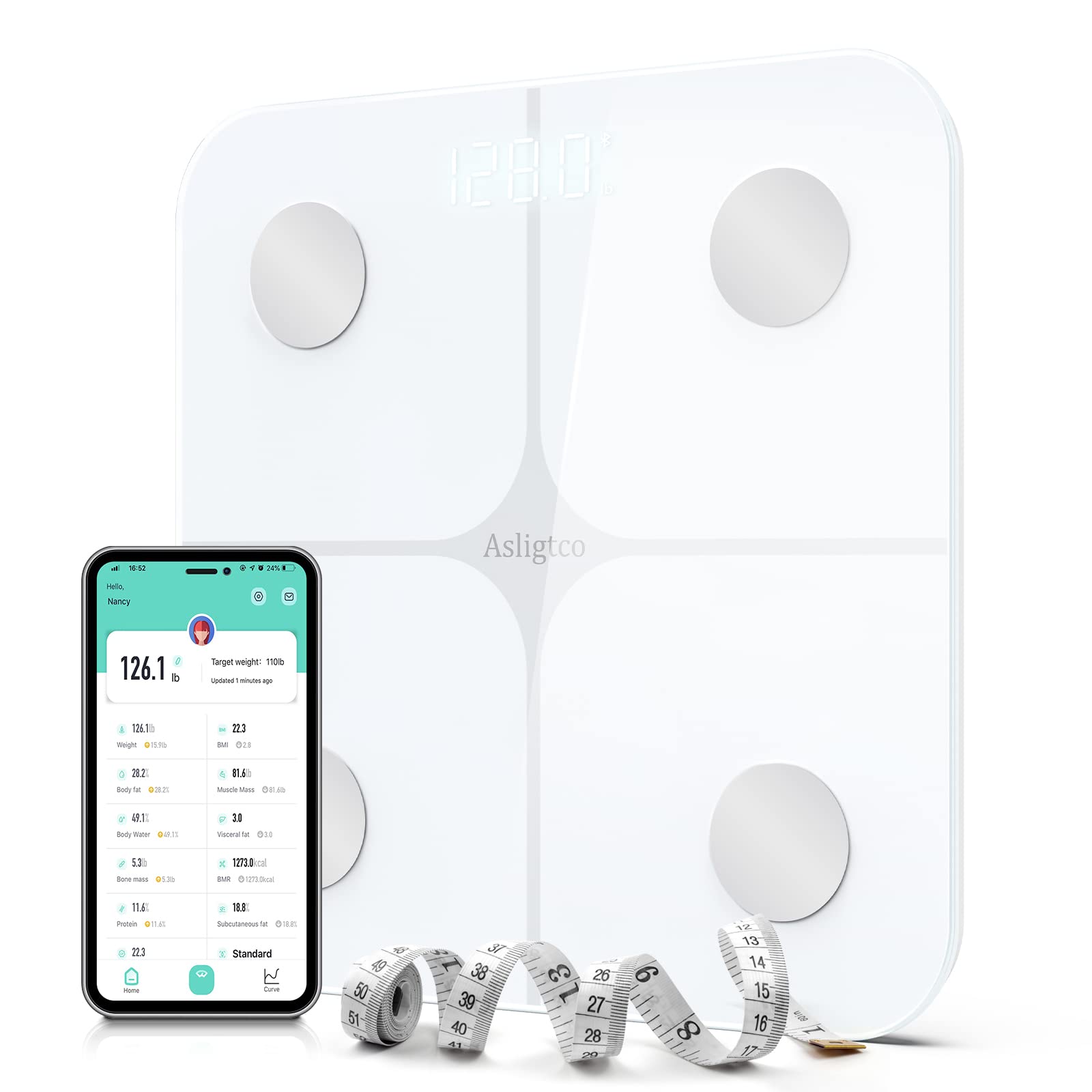 Asligtco Smart Digital Bathroom Scale - Bluetooth Body Weight & Fat Percentage Analyzer with Smartphone App, Accurate to 400lbs (White) - Perfect for Home Fitness Tracking & Health Monitoring