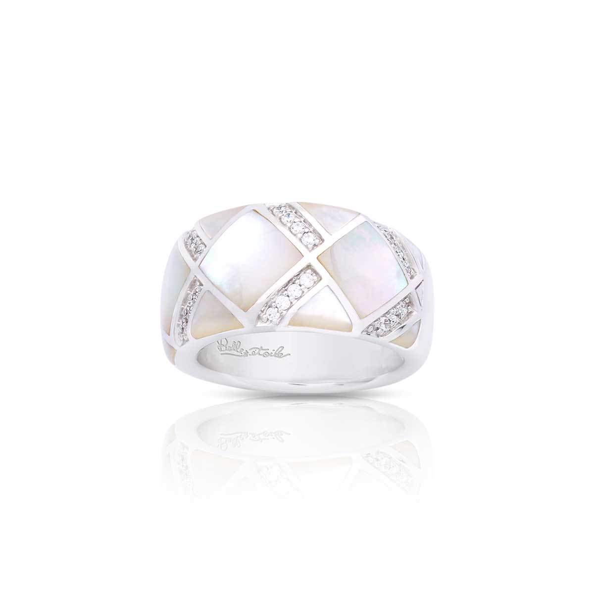 Belle Etoile Echelon Ring - Elegant White Mother-of-Pearl Statement Ring - Size 9 - Perfect for Weddings, Anniversaries & Special Occasions