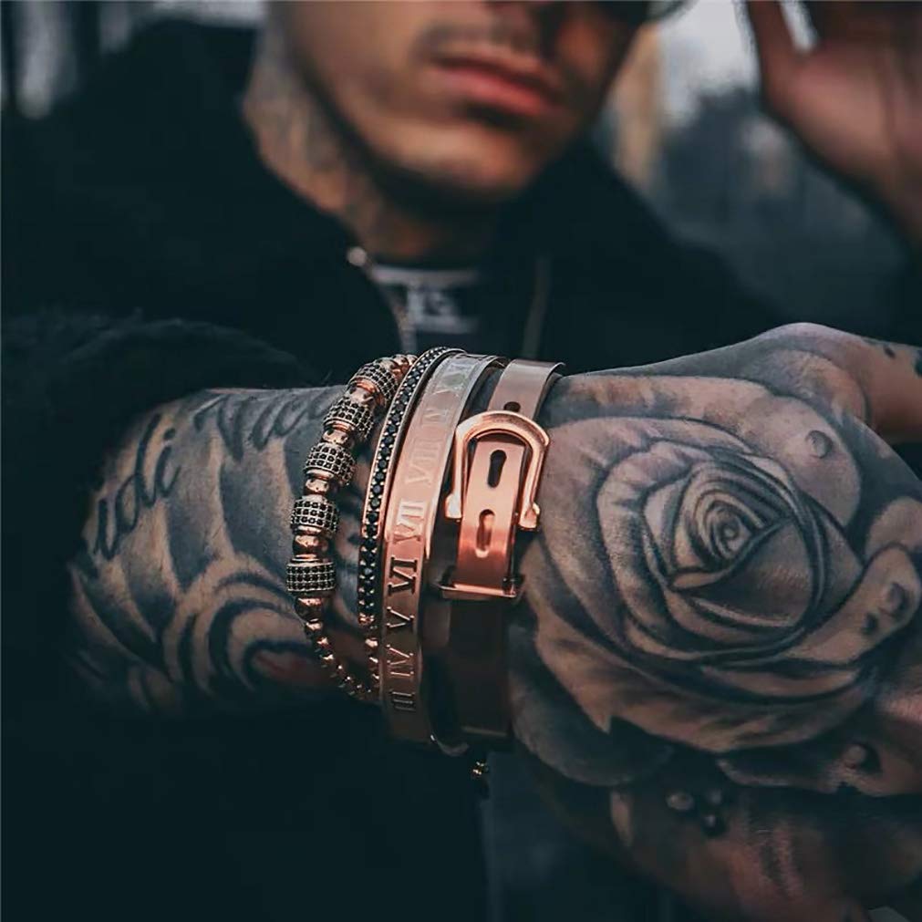 Jaline Stainless Steel Roman Numeral Bangle Bracelet Set - Gold, Silver & Rose Gold Plated Unisex Jewelry for Men & Women - Personalized Engraved Gift (2PC Rose Gold) - Perfect for Anniversaries, Weddings & Special Occasions