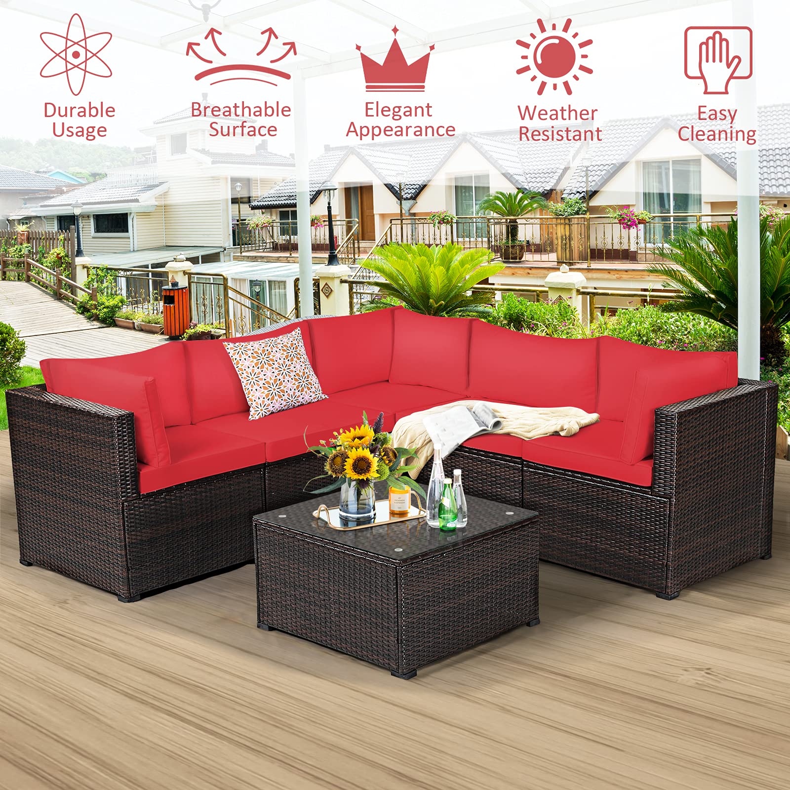 Tangkula 6-Piece Outdoor Patio Furniture Set - Rattan Wicker Sofa Sectional with Tempered Glass Coffee Table & Cushions - Red Conversation Set for Backyard, Garden, Balcony, Poolside - Perfect for Relaxing, Entertaining & Outdoor Gatherings