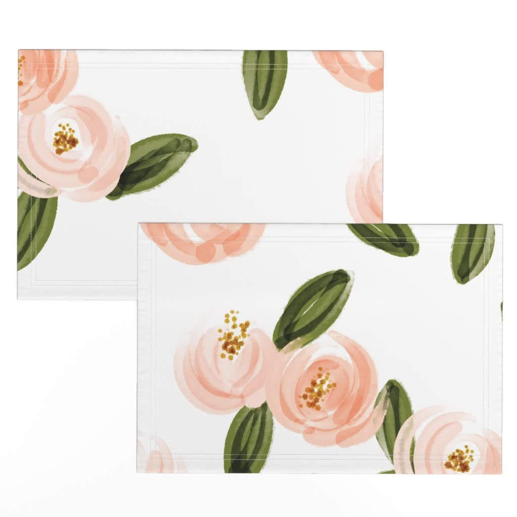 Linen Cotton Canvas Placemats Set of 2 - Coral Watercolor Floral Rose Blush Pink Printed Table Mats for Dining Room Decor, Kitchen Table Setting, and Party Dinnerware Accessories