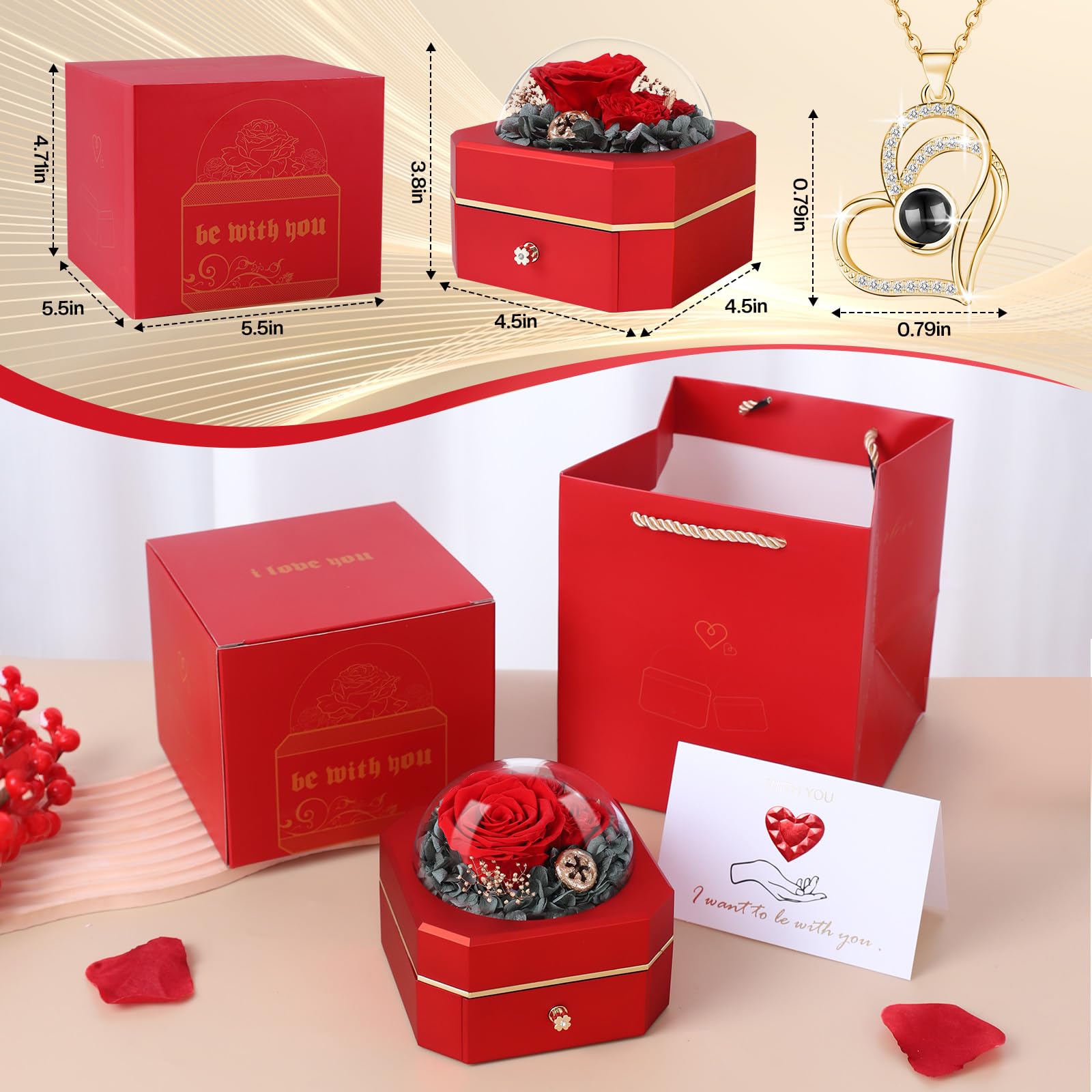 Firestyle Preserved Real Rose Eternal Flower Gift with 'I Love You' Necklace in 100 Languages - Romantic Present for Women, Wife, Mom - Perfect for Christmas, Birthday, Anniversary, Valentine's Day & Mother's Day - Home Decor & Special Occasion Gift