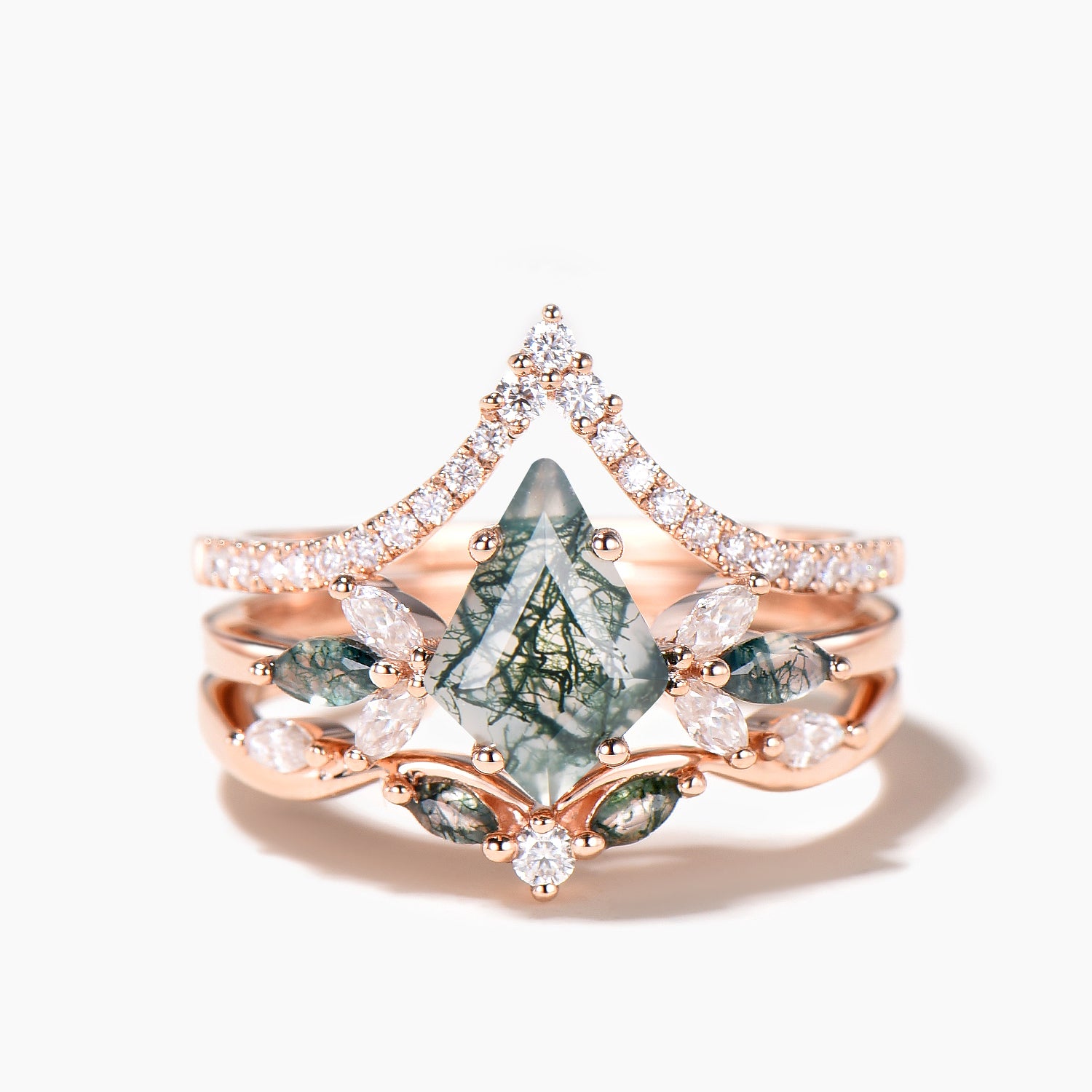 3PC Kite Cut Natural Moss Agate Engagement Ring Set - Diamond Wedding Band & Bridal Jewelry for Women, Perfect for Proposals, Anniversaries & Romantic Occasions