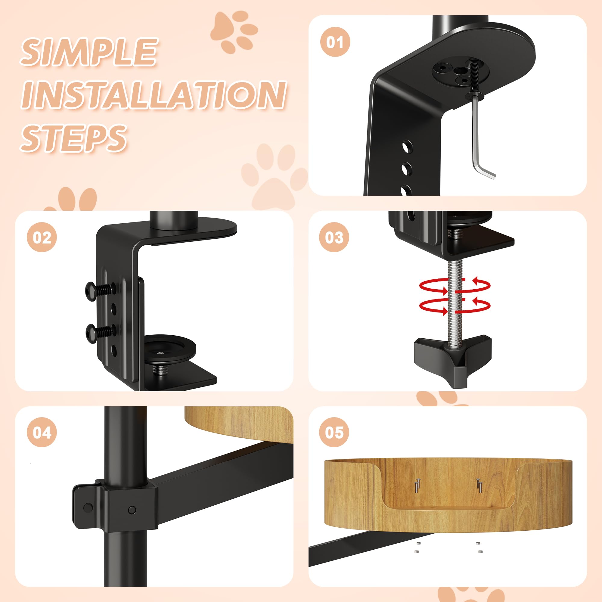 Premium Adjustable Height & 360° Rotating Wooden Cat Bed for Indoor Cats – Elevated Desk Nest for Small Spaces, Perfect for Home Office, Study, or Workstation Use