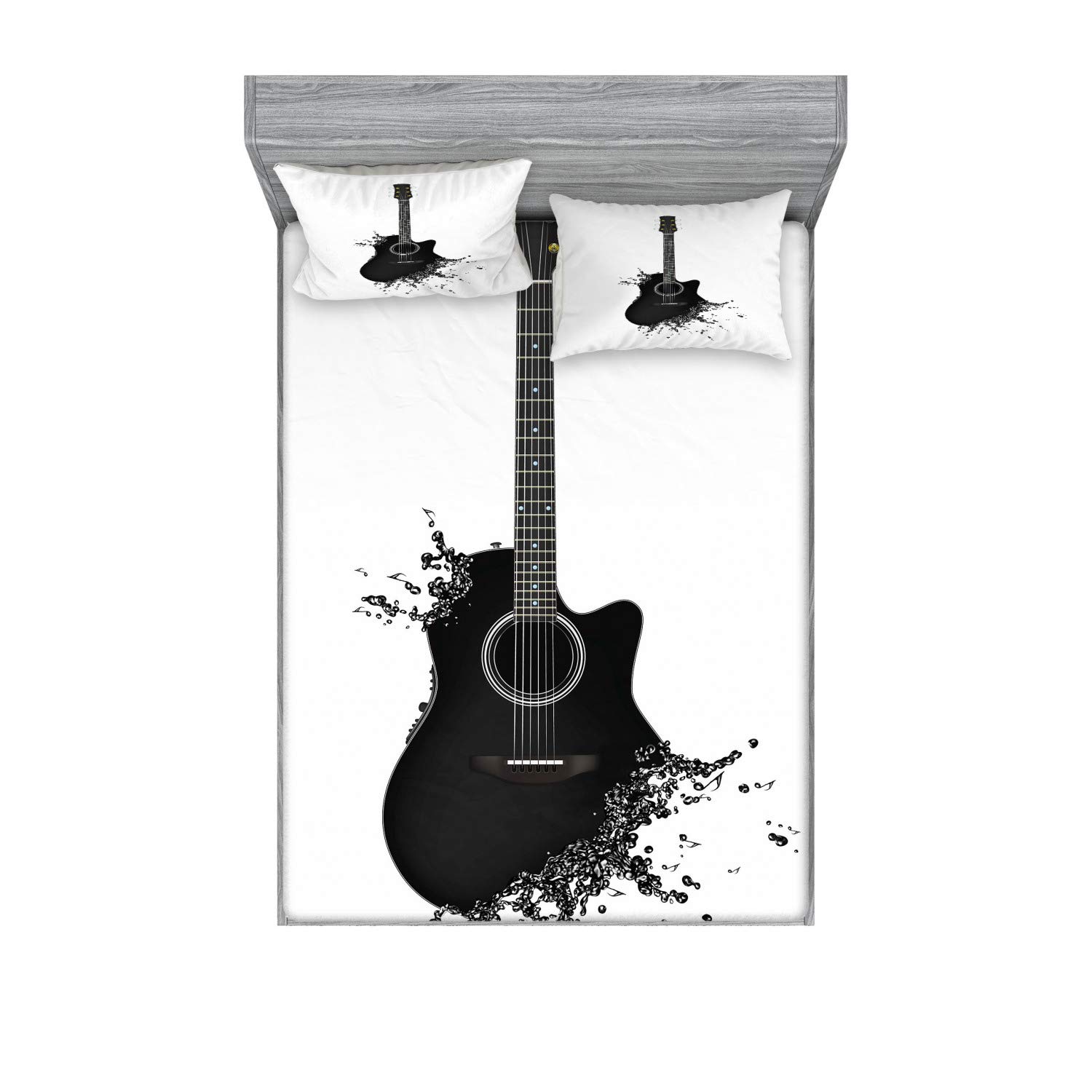 Ambesonne Guitar Print 3-Piece Queen Bedding Set - Fitted Sheet & Pillow Sham, Black and White Musical Instrument Design for Modern Bedroom Decor | Perfect for Musicians, Music Lovers & Unique Home Styling