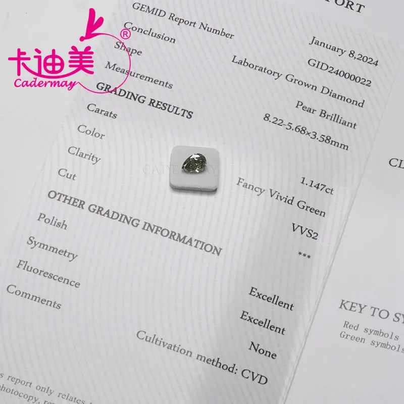 CADERMAY Pear Shape Vivid Green VVS2 Clarity CVD Lab Grown Diamond Loose Stone with IGI Certificate for Jewelry Making - Engagement Rings, Pendants & Custom Jewelry Design