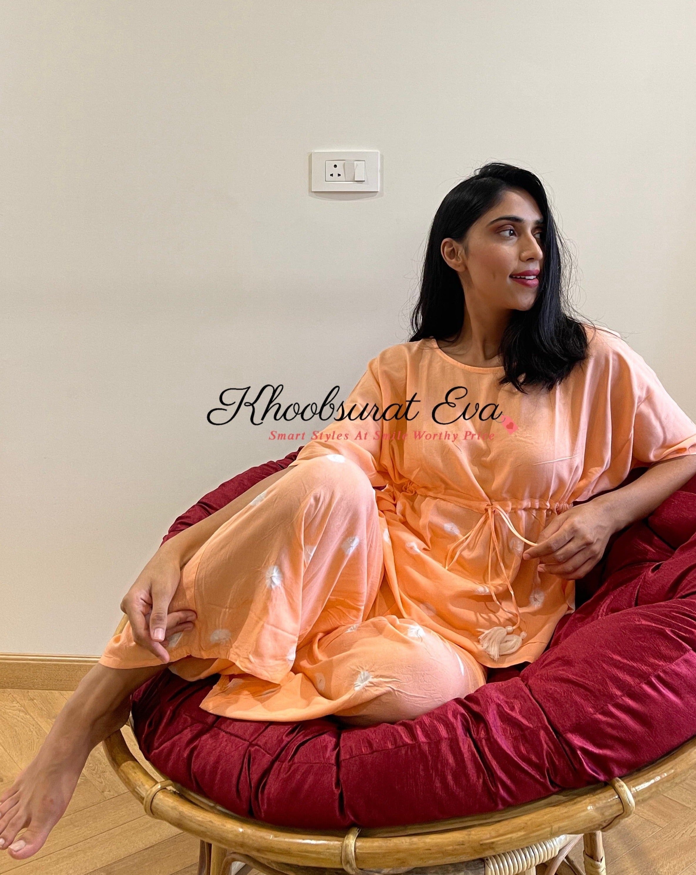 Stylish Peach Tie-Dye Co-Ord Kaftan Set for Women - Summer Beach Cover Up, Boho Outfit for Vacation & Pool Party