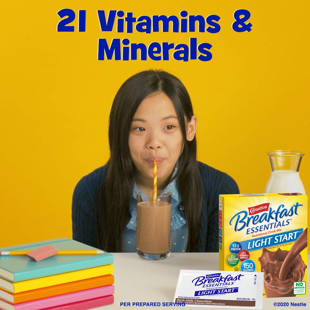 Carnation Breakfast Essentials Light Start Powder Drink Mix - Rich Milk Chocolate Flavor, 8 Single-Serve Packets | Quick & Nutritious Breakfast Solution for Busy Mornings, Workouts & On-the-Go Lifestyles