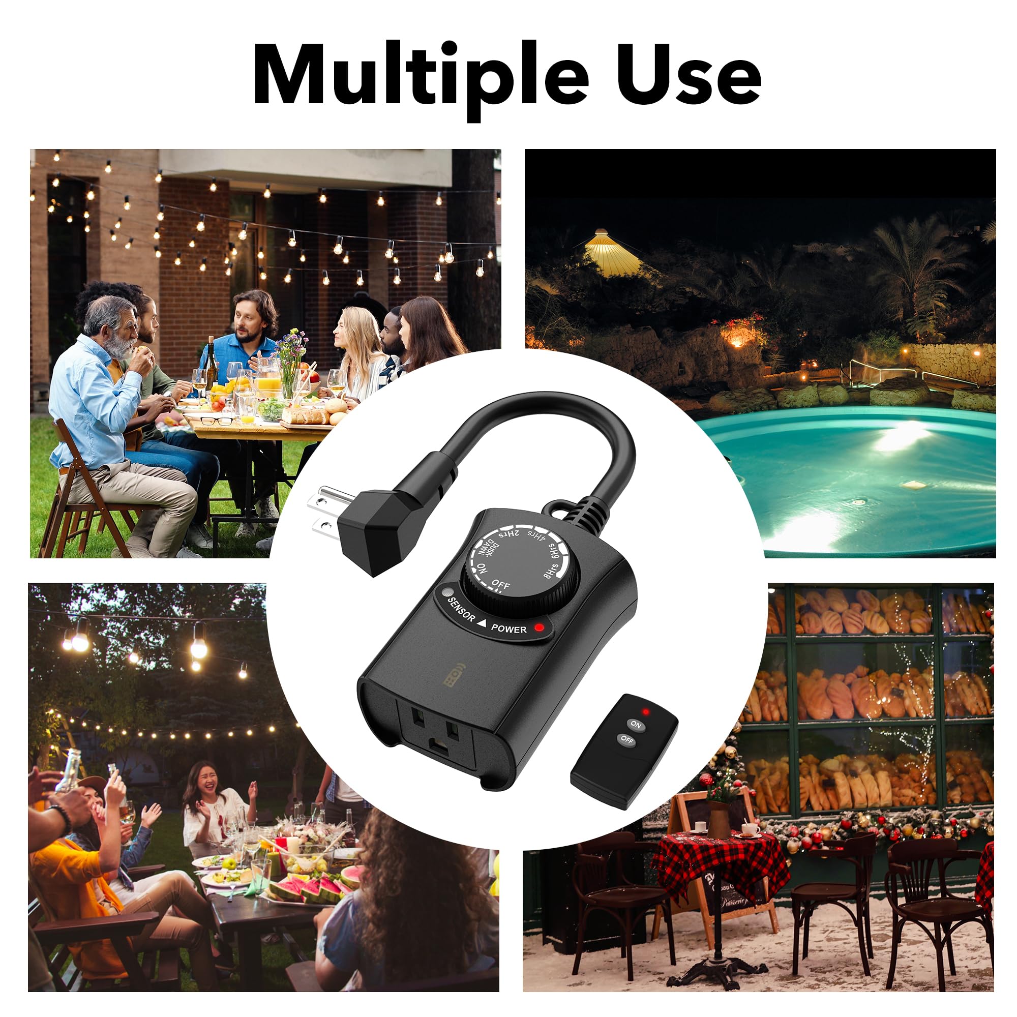 HBN Outdoor Light Timer Waterproof - Weatherproof Photocell Dusk to Dawn Sensor with Remote Control, 2/4/6/8 Hour Countdown Timer, 15A 1875W 1/2HP Outlet for Christmas Lights, Landscape Lighting & Holiday Decorations