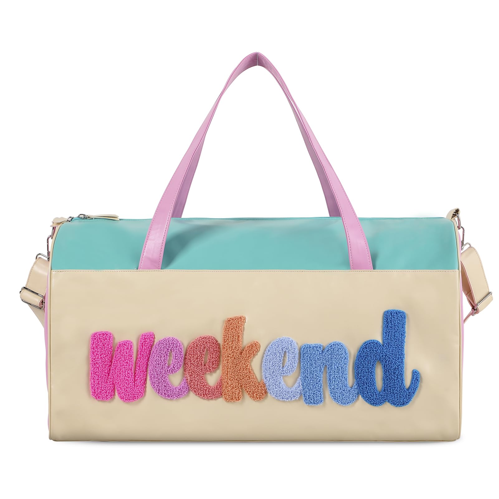 Stylish DYSHAYEN Chenille Letter Large PU Leather Weekender Duffle Bag - Women's Travel Overnight Carry On Tote for Weekend Getaways & Business Trips