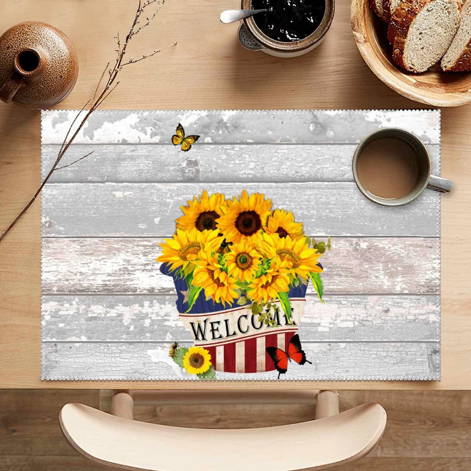 American Sunflowers Patriotic Welcome Place Mats Set of 4 - USA Flag Themed Heat Resistant Table Mats for Memorial Day Decorations, Dining Table Centerpiece with Flowers & Butterflies Design - Perfect for 4th of July BBQs, Family Gatherings & Patriotic Home Decor