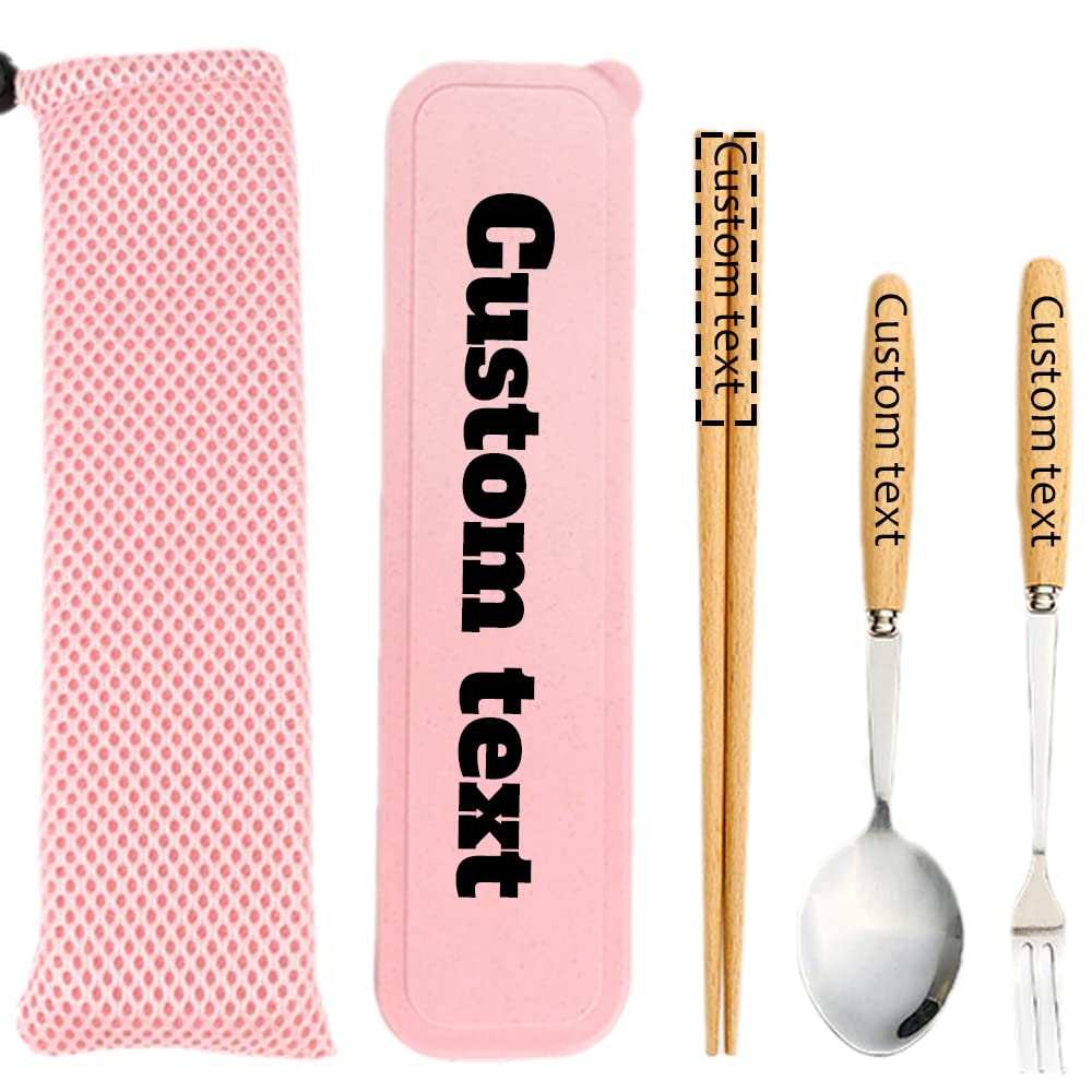 Personalized 5-Piece Stainless Steel Cutlery Set with Wooden Chopsticks, Spoons, Forks - Includes Cutlery Box & Bag - Custom Engraved Gift for Weddings, Anniversaries & Housewarming (7.9 Inch, Pink)