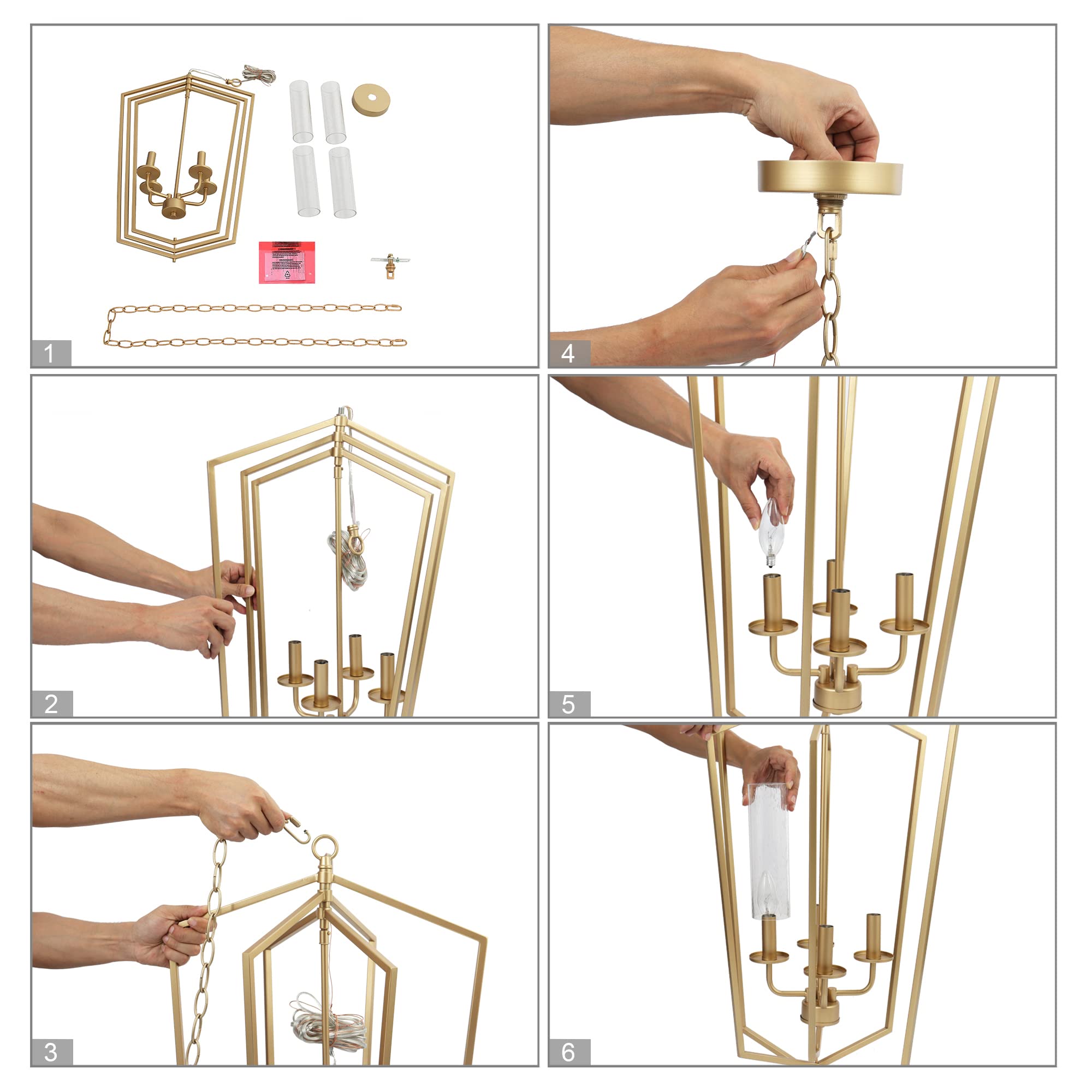 Modern Gold Chandelier - 4-Light Rotatable Geometric Lantern Pendant Light with Seeded Glass Shade - Elegant Lighting for Kitchen Island, Dining Room, Foyer & Bedroom - Perfect for Contemporary Home Decor & Interior Design