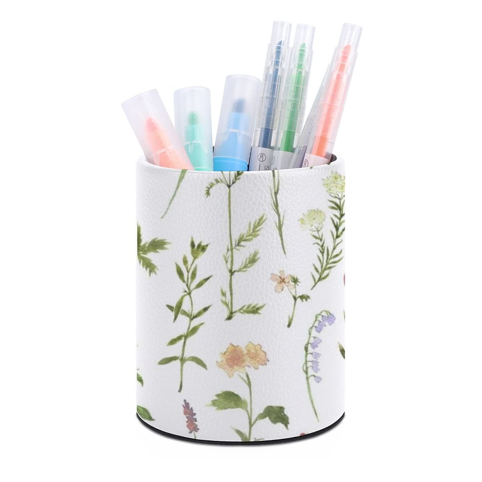 Elegant Watercolor Floral Pen Holder - Natural Herbs & Flowers Design, Black Desk Organizer for Pencils, Pens & Office Supplies (1 Pack) | Perfect for Home, Office & Workspace Organization