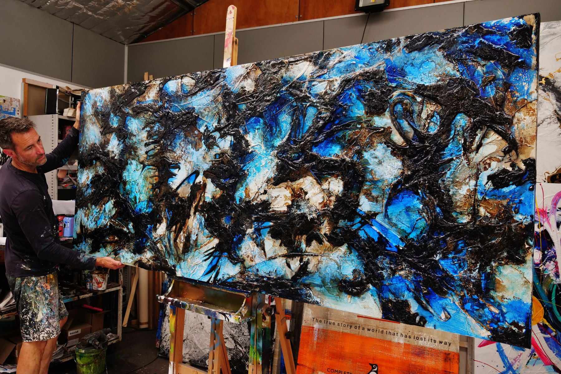 240cm x 100cm Blue Black Textured Abstract Painting - Modern Wall Art for Living Room, Bedroom & Office Decor | Ice Over Licorice Inspired Design