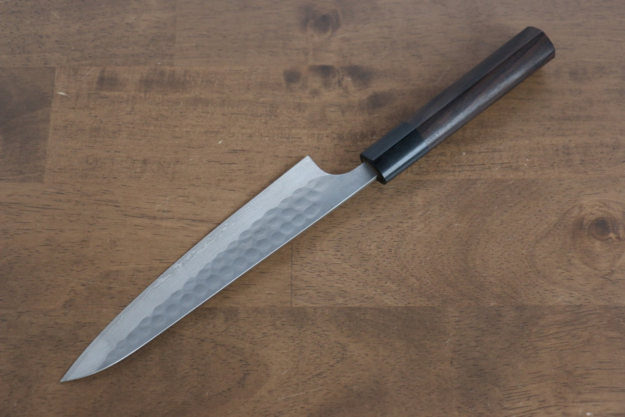 Premium Nao Yamamoto SRS13 Damascus Hammered Petty Knife 160mm - Handcrafted Japanese Utility Knife with Shitan Wood Handle - Perfect for Slicing, Chopping & Precision Kitchen Tasks