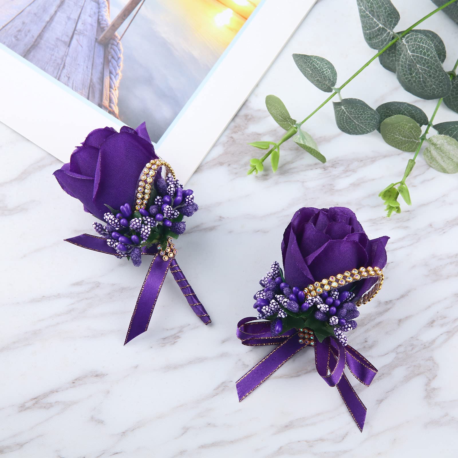 Elegant Purple Rose Wrist Corsage 4 Packs - Wedding Bridesmaid Flower Wristband for Bride, Prom, Party & Special Occasions | Perfect for Ceremonies, Dances, and Formal Events (4-Pack, Purple Rose Wrist Flowers)