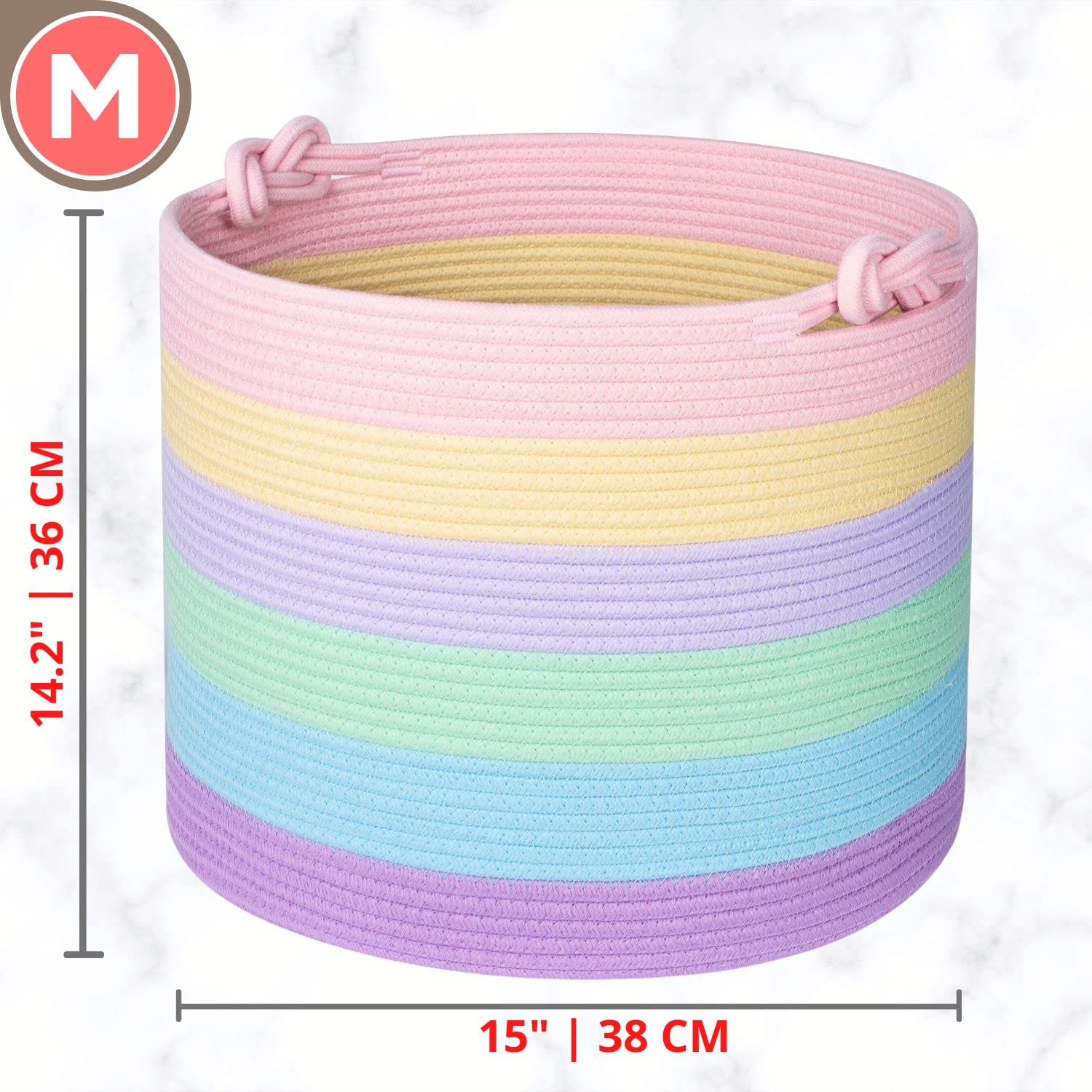 MINTWOOD 15 x 14.2 Inch Woven Cotton Rope Storage Basket - Pastel Rainbow Toy Organizer, Laundry Hamper, Nursery Decor, Pet Toy Bin, Blanket Holder - Perfect for Kids Room, Bathroom & Home Organization