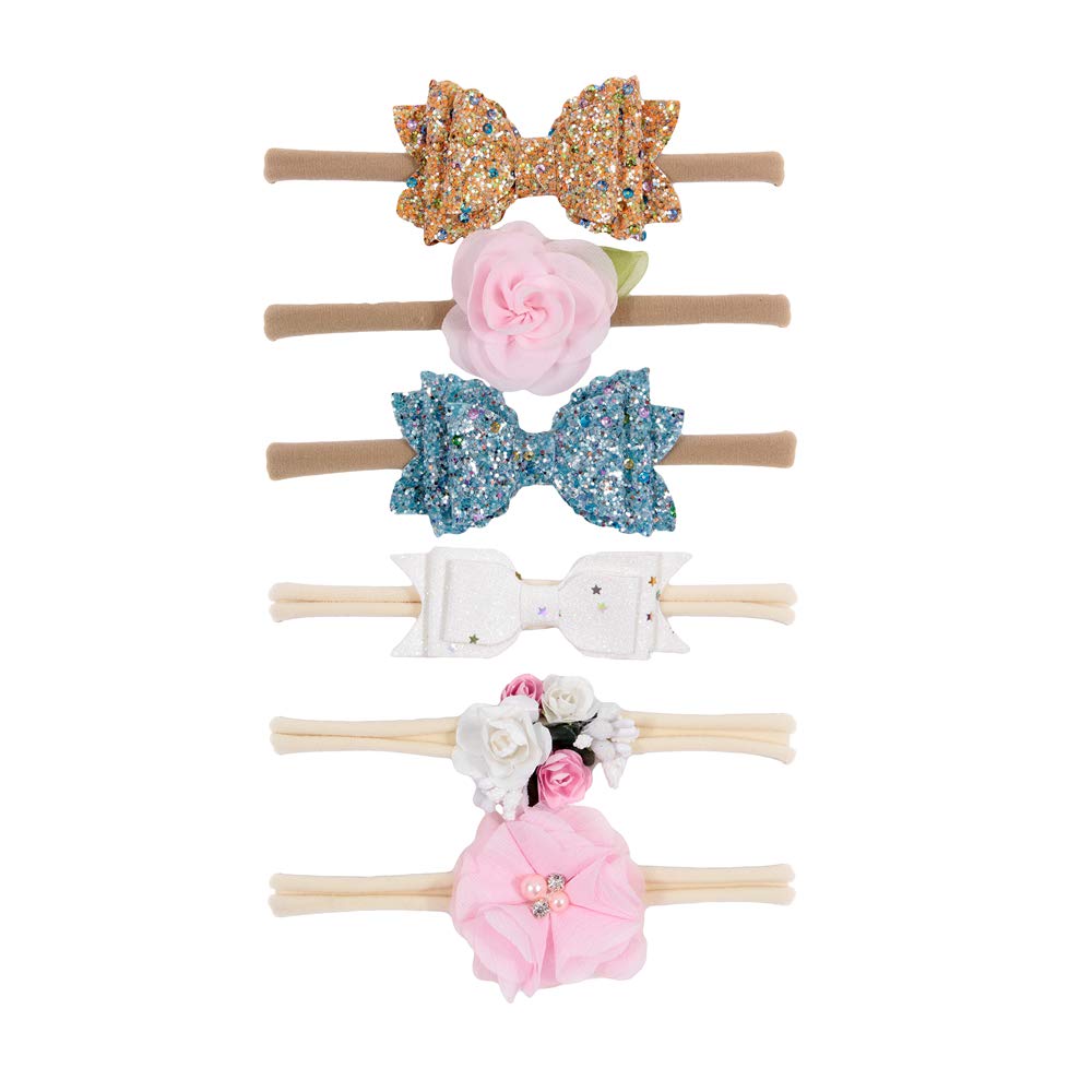 Nishine 6-Pack Baby Girls Nylon Headbands with Glitter Bows - Soft Toddler Hair Accessories for Newborns, Infants & Kids - Perfect for Birthday Parties, Baby Showers & Daily Wear (Set C)