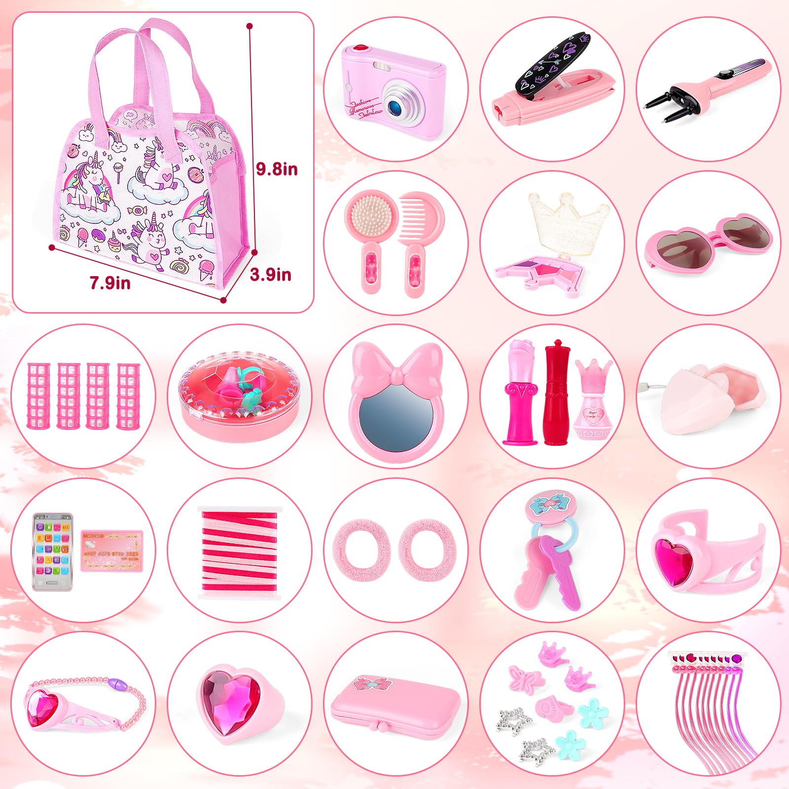 deAO 34PCS Kids Beauty Salon Toy Kit for Girls - Hair Styling Accessories, Handbag, Bluetooth Headset, Camera & Princess Makeup Toys | Pretend Play, Birthday Gift & Role-Playing Fun for Toddlers