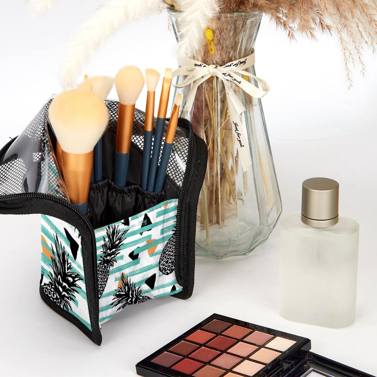 12-Piece Makeup Brush Organizer Bag with Geometric Stripe Pineapple Design - Portable Cosmetic Brush Holder Case for Travel & Home Storage