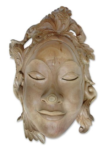 NOVICA Handcrafted Smiling Goddess Wood Mask - Handmade Wooden Wall Art for Home Decor, Spiritual Gifts & Boho Room Aesthetic