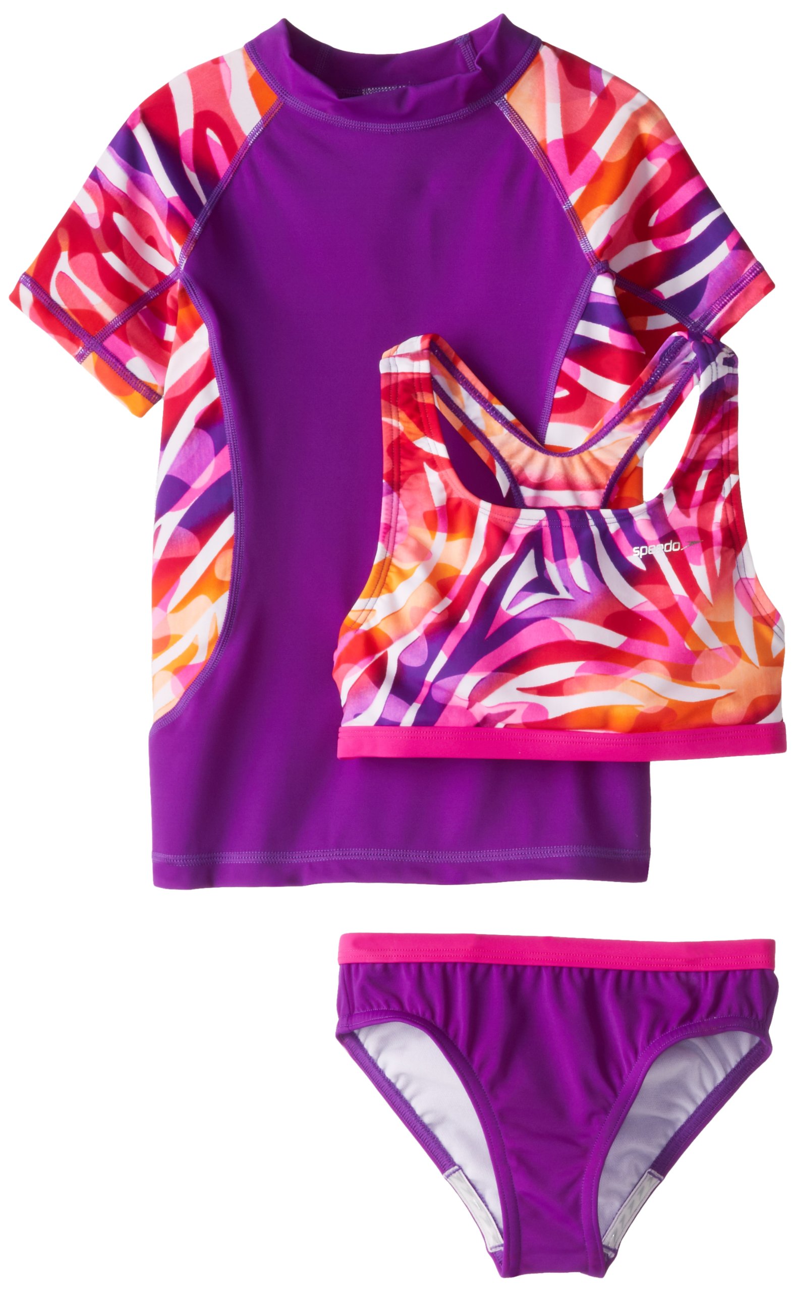 Speedo Big Girls' Camo Chameleon Rashguard Swimsuit 3-Piece Set - UV Protection Swimwear for Kids at Beach, Pool & Water Parks