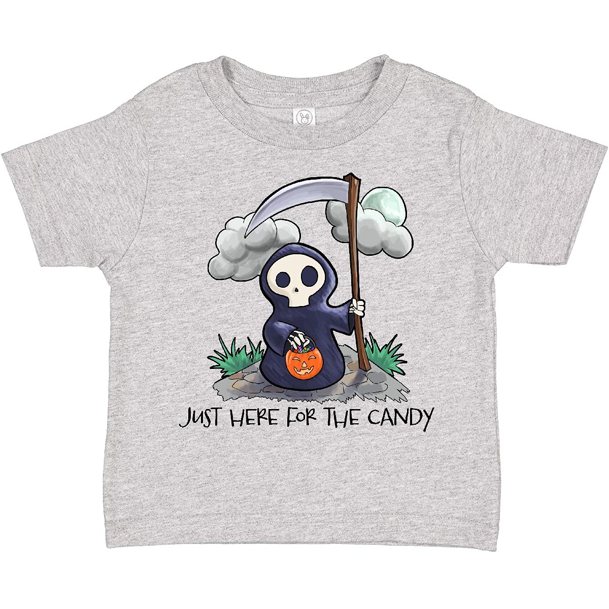 Inktastic Just Here for The Candy with Cute Grim Reaper Toddler T-Shirt - Funny Halloween Costume for Kids, Trick or Treat Outfit for Boys & Girls