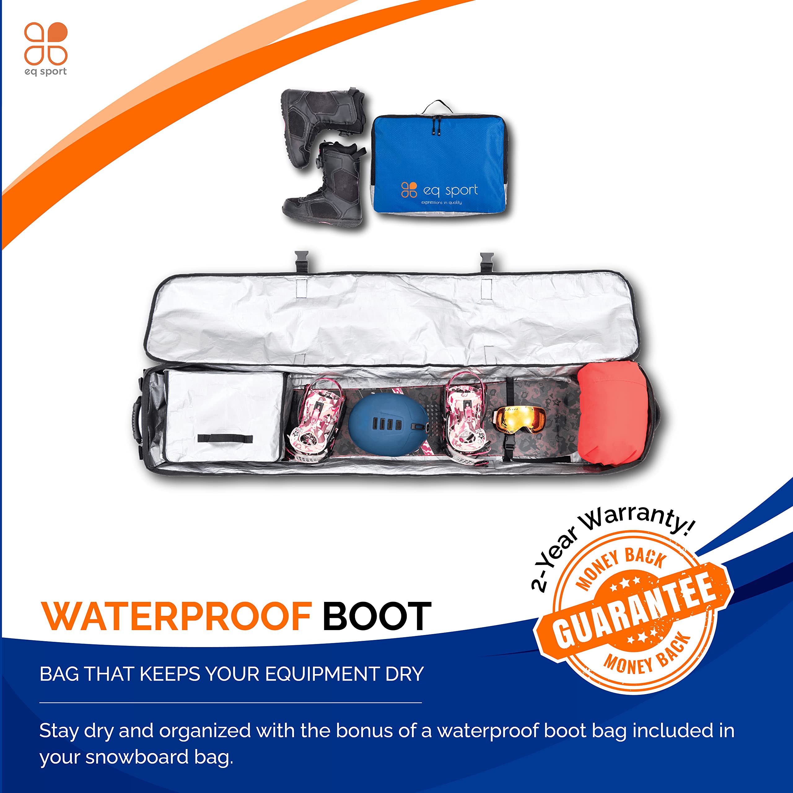 EQ SPORT Waterproof Rolling Snowboard Bag with Wheels - Padded Travel Snowboard Case for Airplane | Fits 2 Snowboards & Includes Boot Bag | Heavy-Duty YKK Zippers & Gear Storage | Perfect for Winter Sports & Mountain Travel