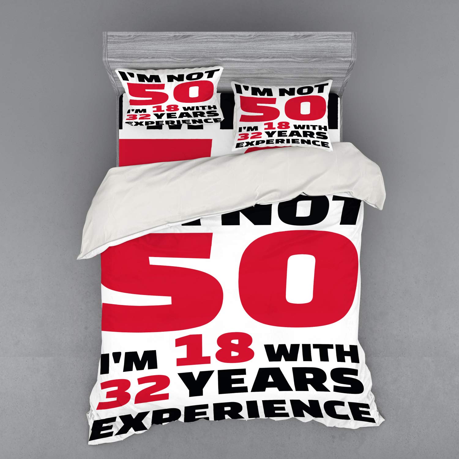 Ambesonne 50th Birthday Bedding Set - Queen Size 4-Piece Duvet Cover with Shams & Fitted Sheet - Funny 'Forever 18' Age Celebration Design in Red, Black & White - Perfect for Adult Birthday Parties & Surprise Decorations