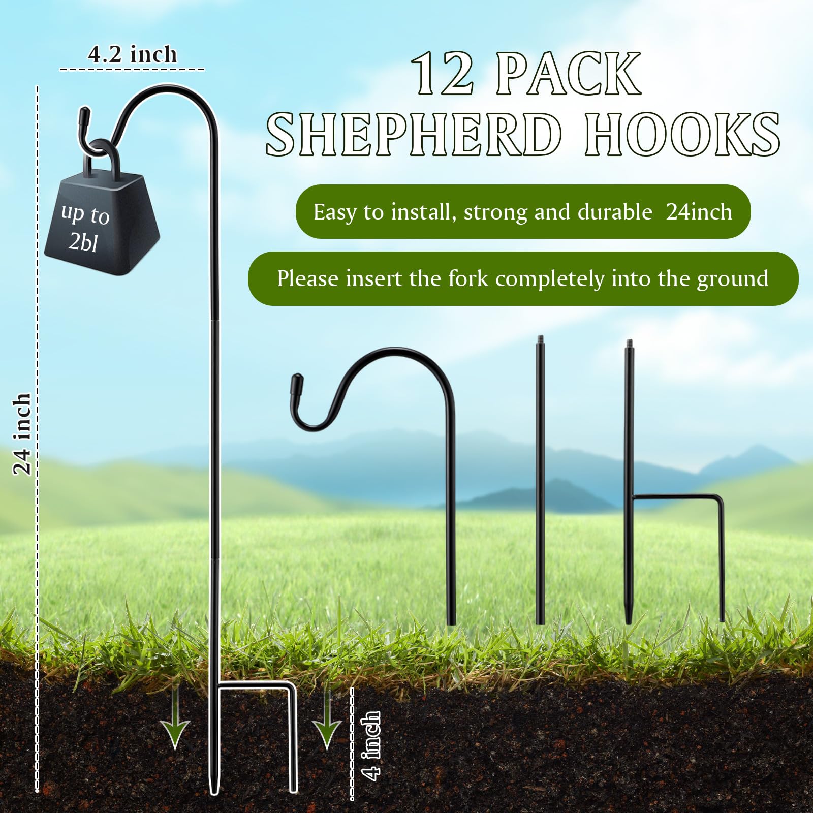 12 Pack 24 Inch Adjustable Shepherd Hooks - Heavy Duty Rust Resistant Metal Garden Hooks for Bird Feeders, Plant Baskets, Solar Lights & Wedding Decor - Perfect for Outdoor Hanging Decorations & Backyard Landscaping
